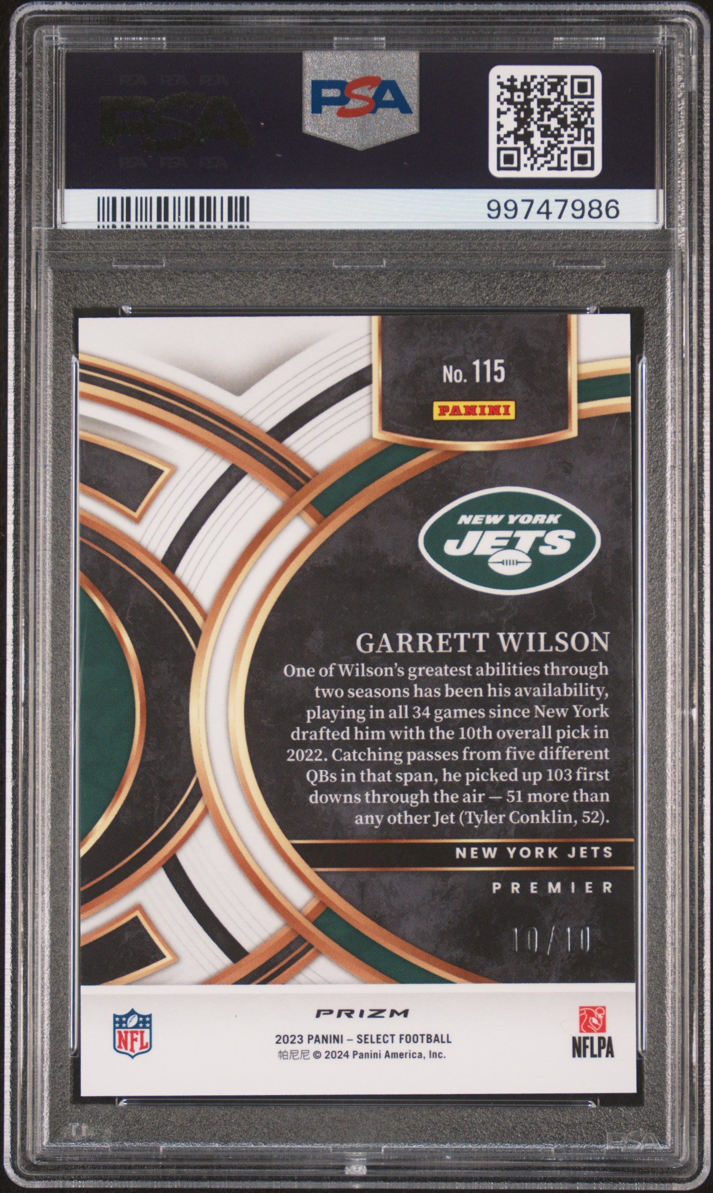 2023 Panini Select Garrett Wilson #115 Gold Disco Prizm #10/10 PSA 10 Jets