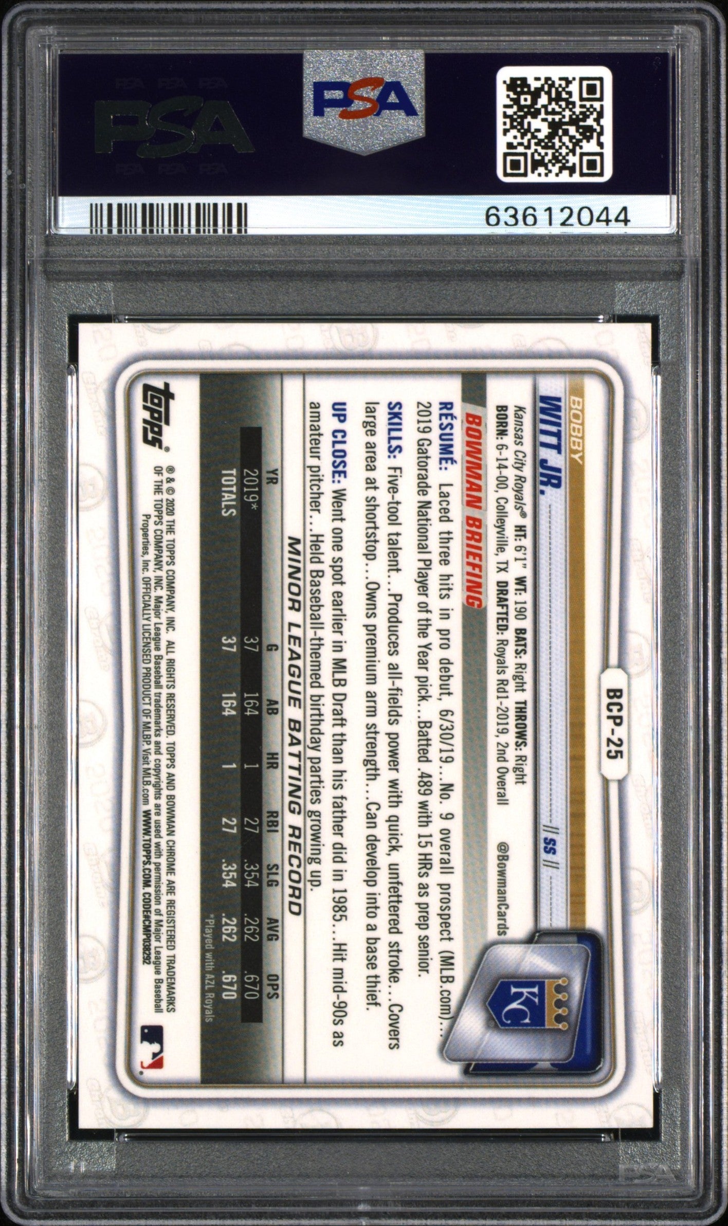 2020 Bowman Chrome Bobby Witt JR #BCP25 Aqua Shimmer /125 Rookie Low Pop PSA 10