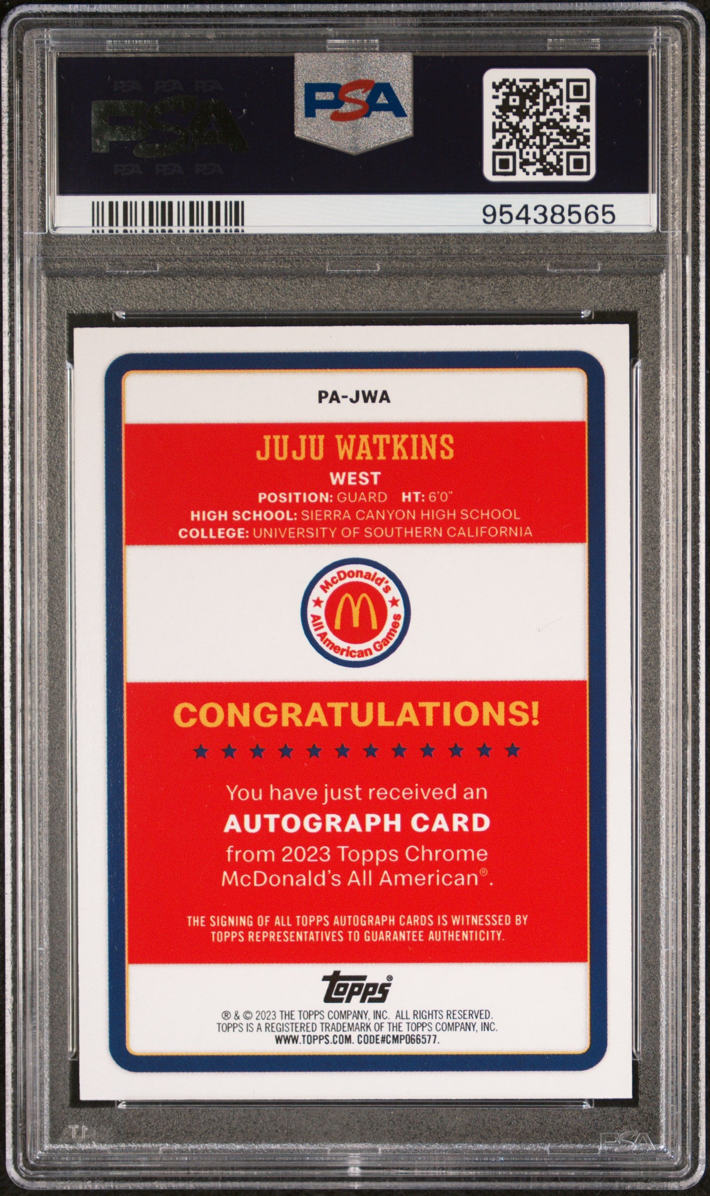 2023 Topps Chrome Mcdonald's All-American Gameday Paper Juju Watkins Auto PSA 9