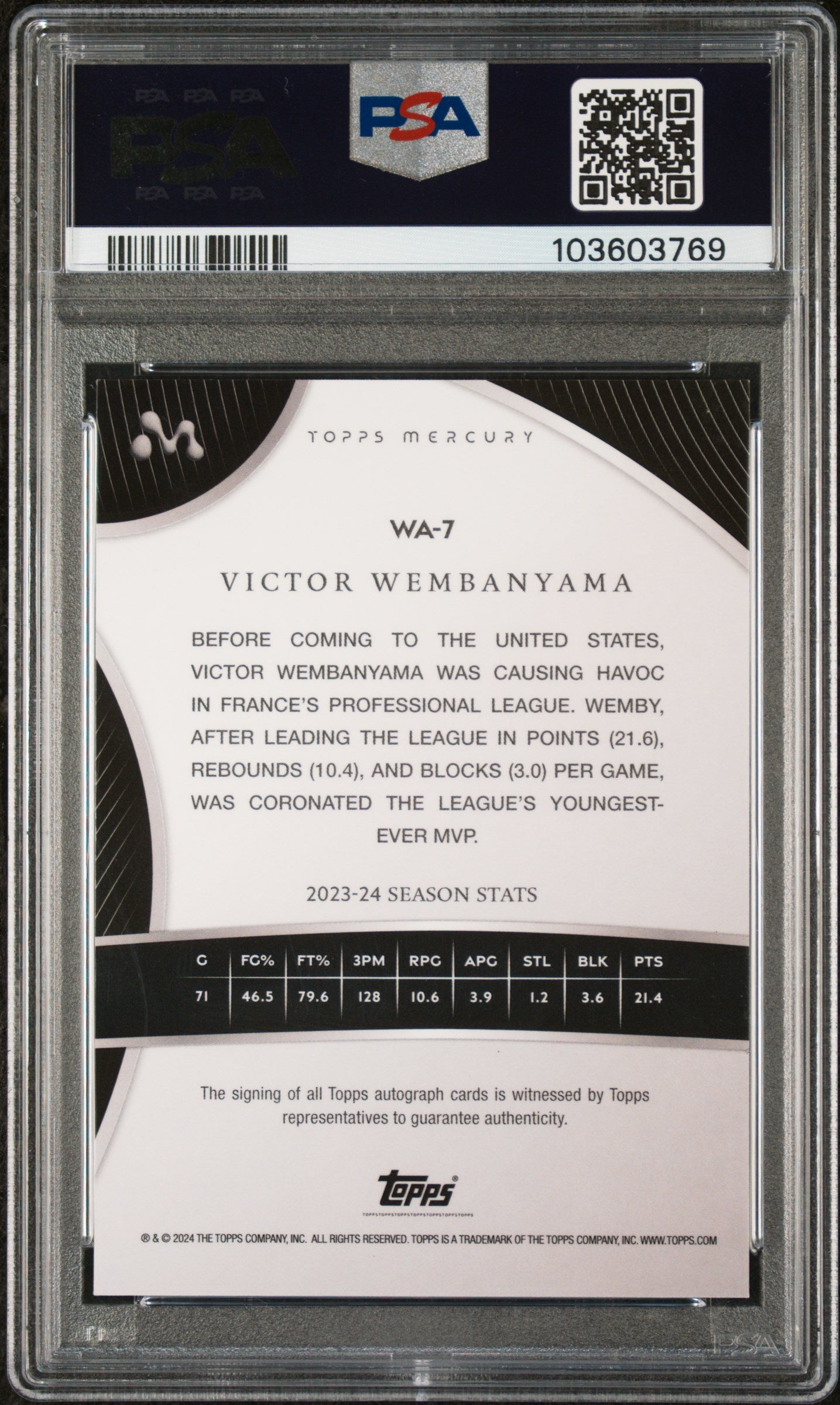 2023 Topps Mercury Rookie Auto Victor Wembanyama Orange Ref #25/25 PSA 9