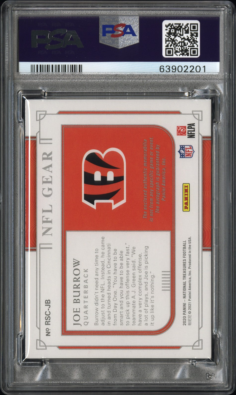 2020 National Treasures Rookie NFL Gear Joe Burrow Prime Auto Patch /25 PSA 8