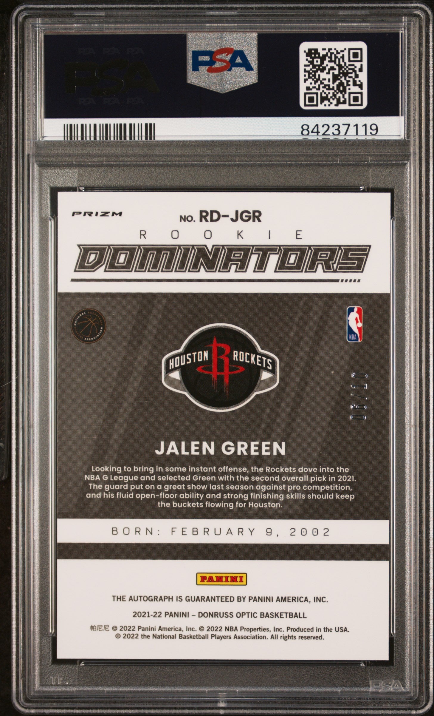 2021 Donruss Optic Rookie Dominators Sig Auto Jalen Green /10 Gold Prizm PSA 9