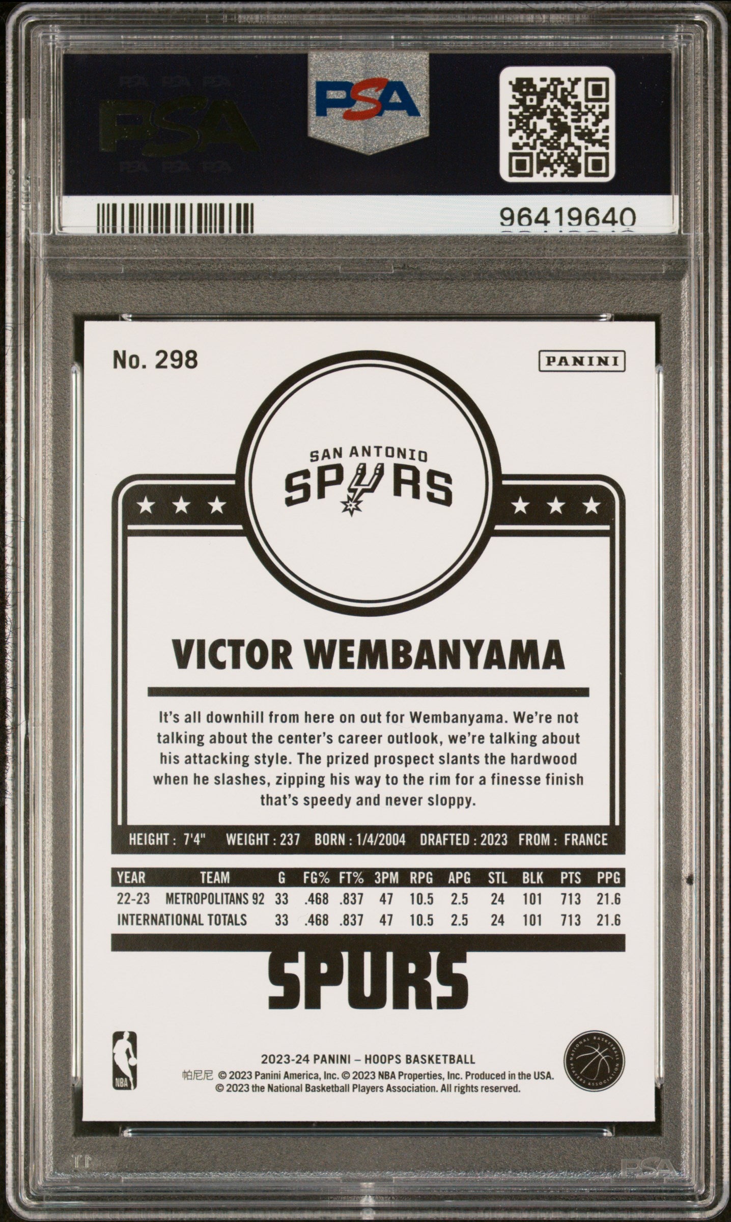 2023 Panini NBA Hoops Victor Wembanyama #298 Rookie RC PSA 10 Gem MInt