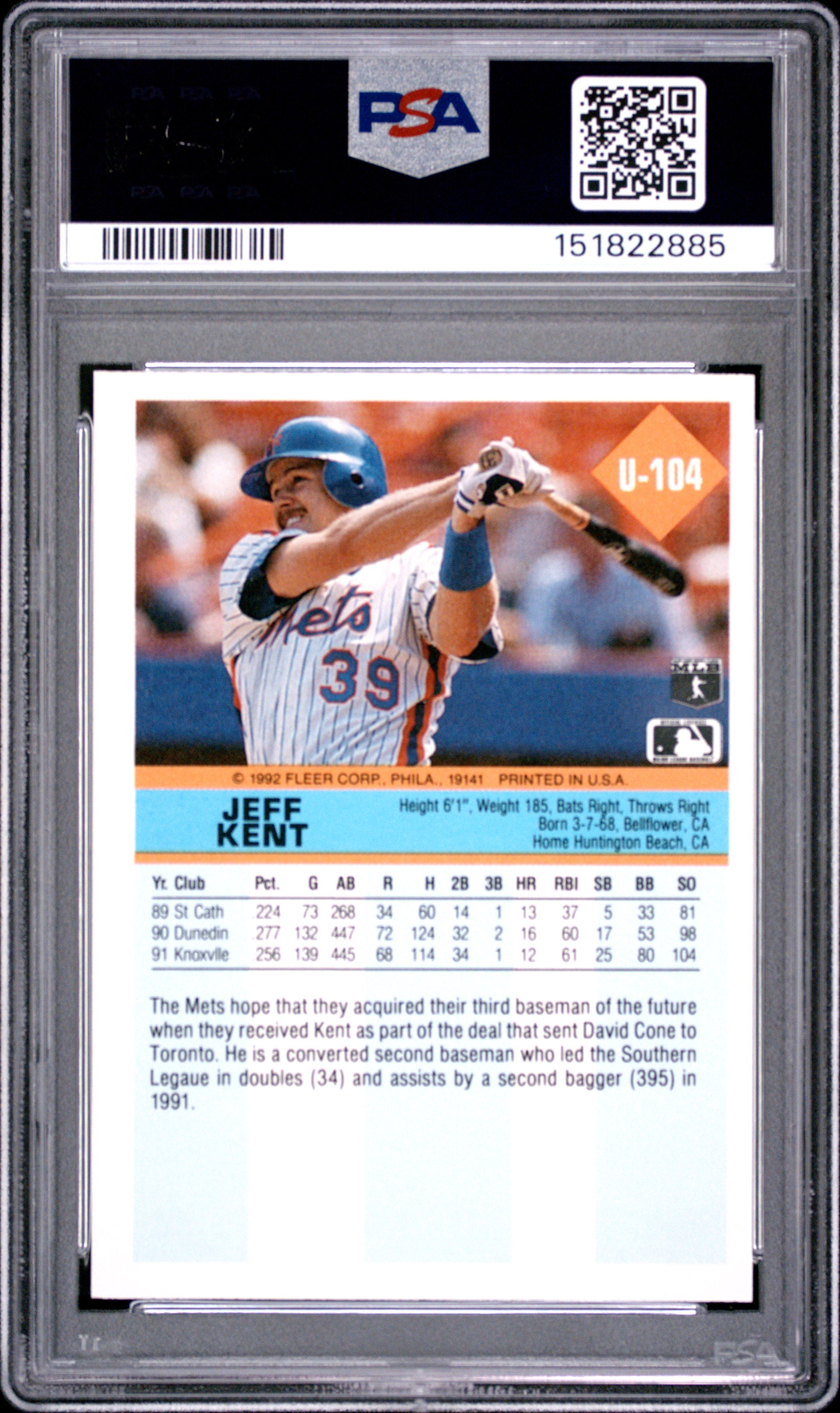 1992 Fleer Update Jeff Kent #U-104 Rookie RC PSA 9 Mint Mets