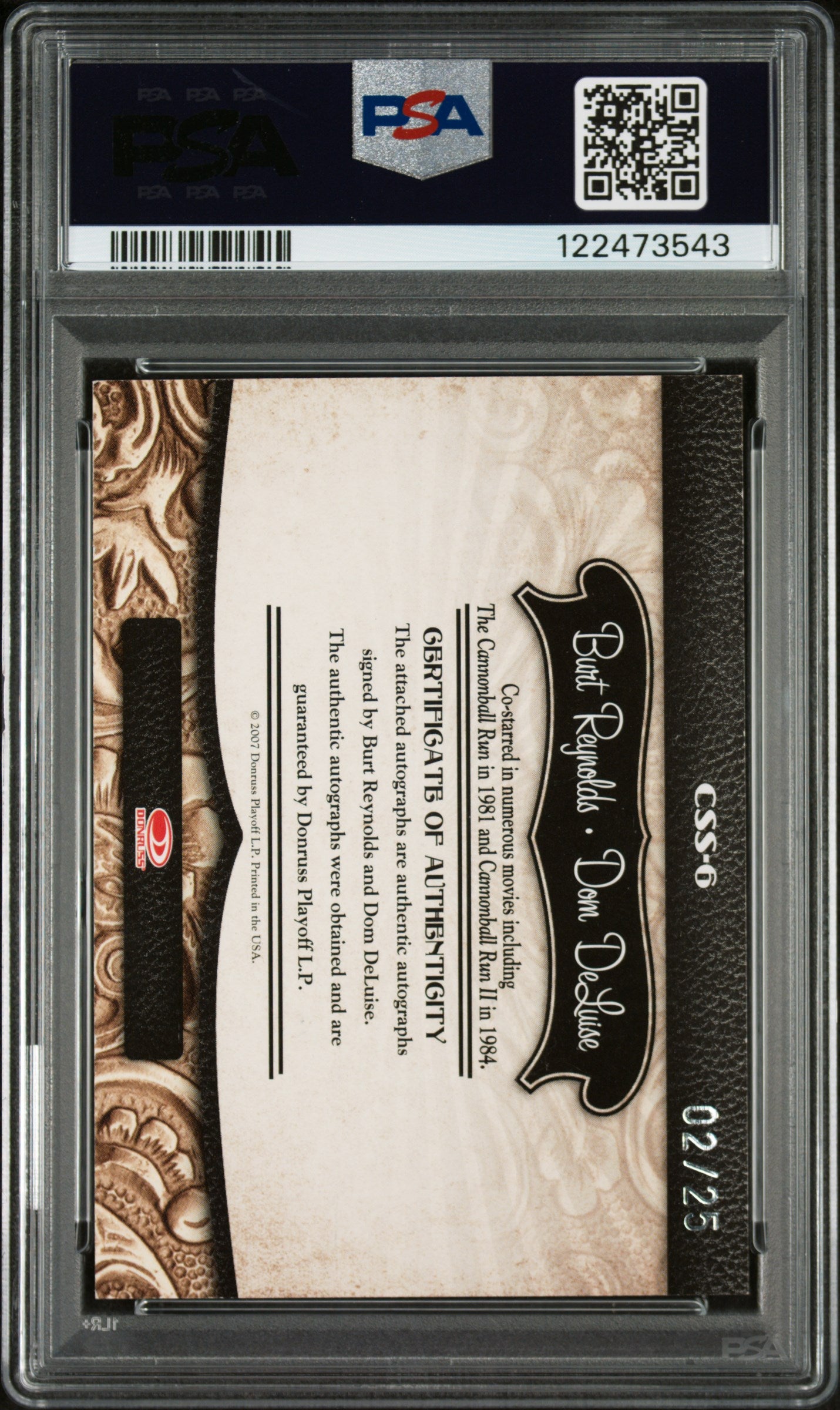 2007 Donruss Americana Signatures D. Deluise Burt Reynolds #/25 PSA 7/10 Auto