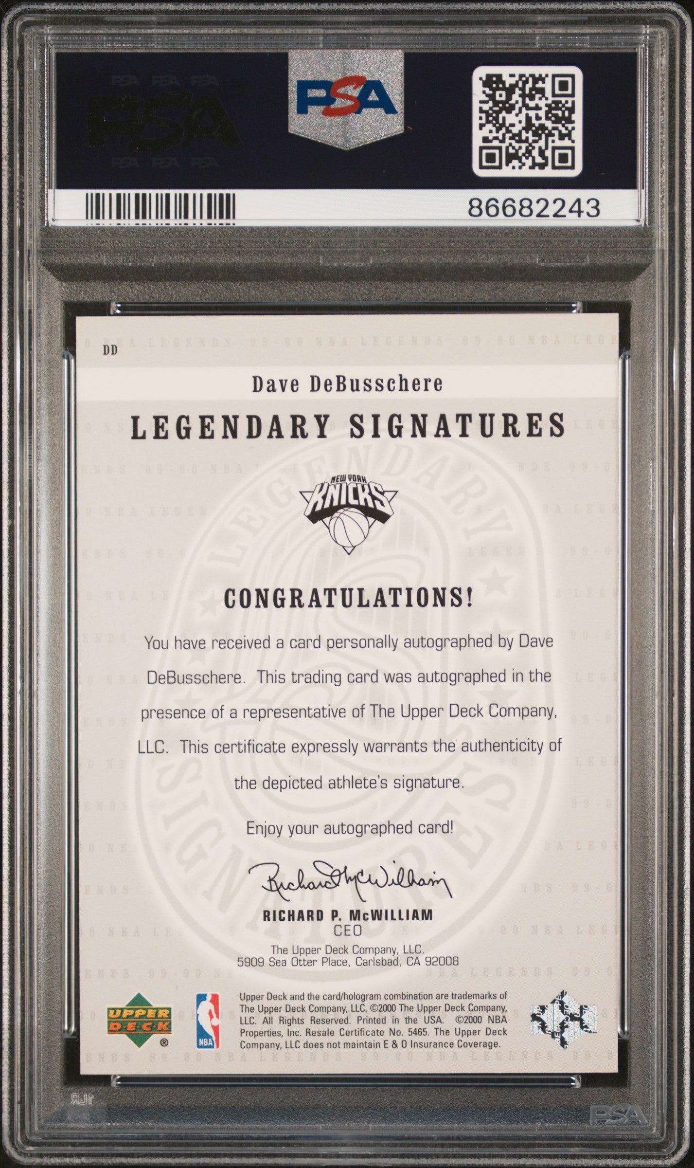 1999 Upper Deck Legends Legendary Signatures Dave Debusschere #DD Auto PSA 10
