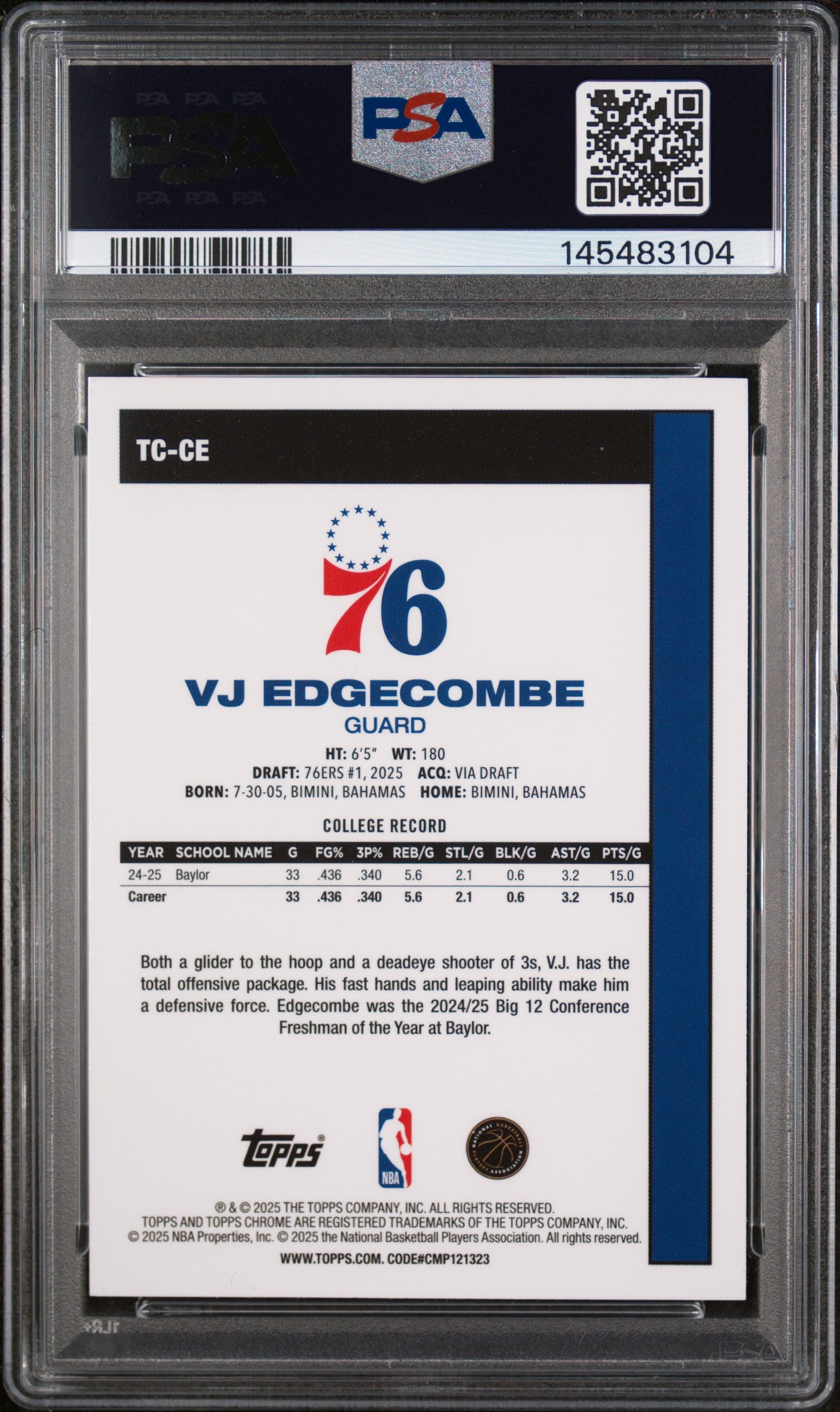2025 Topps Silver Pack 1980-81 T Chrome VJ Edgecombe Blue Ref Rookie /150 PSA 10