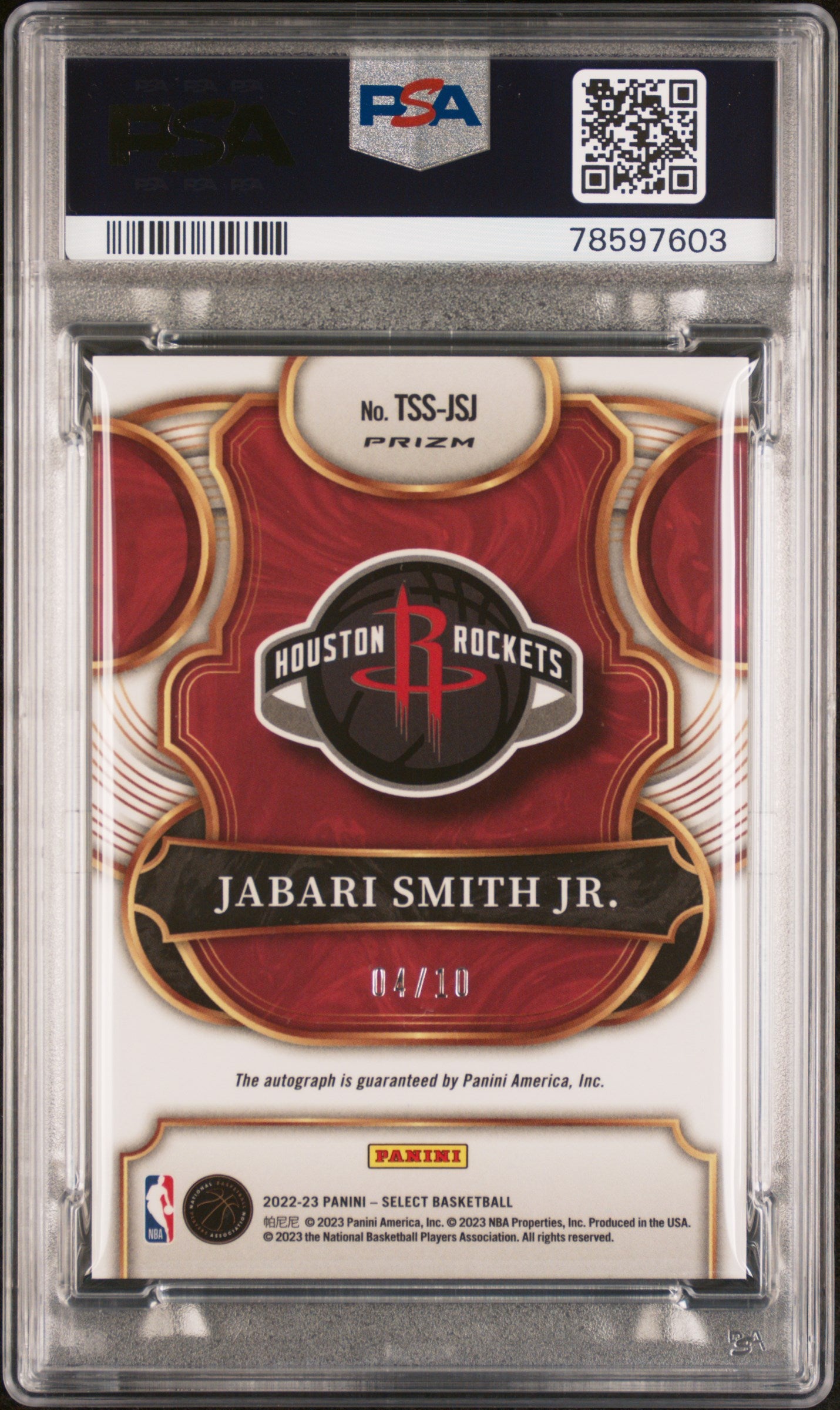 2022 Select Top Shelf Signature Jabari Smith #/10 Gold Prizm Auto PSA 9 Rookie