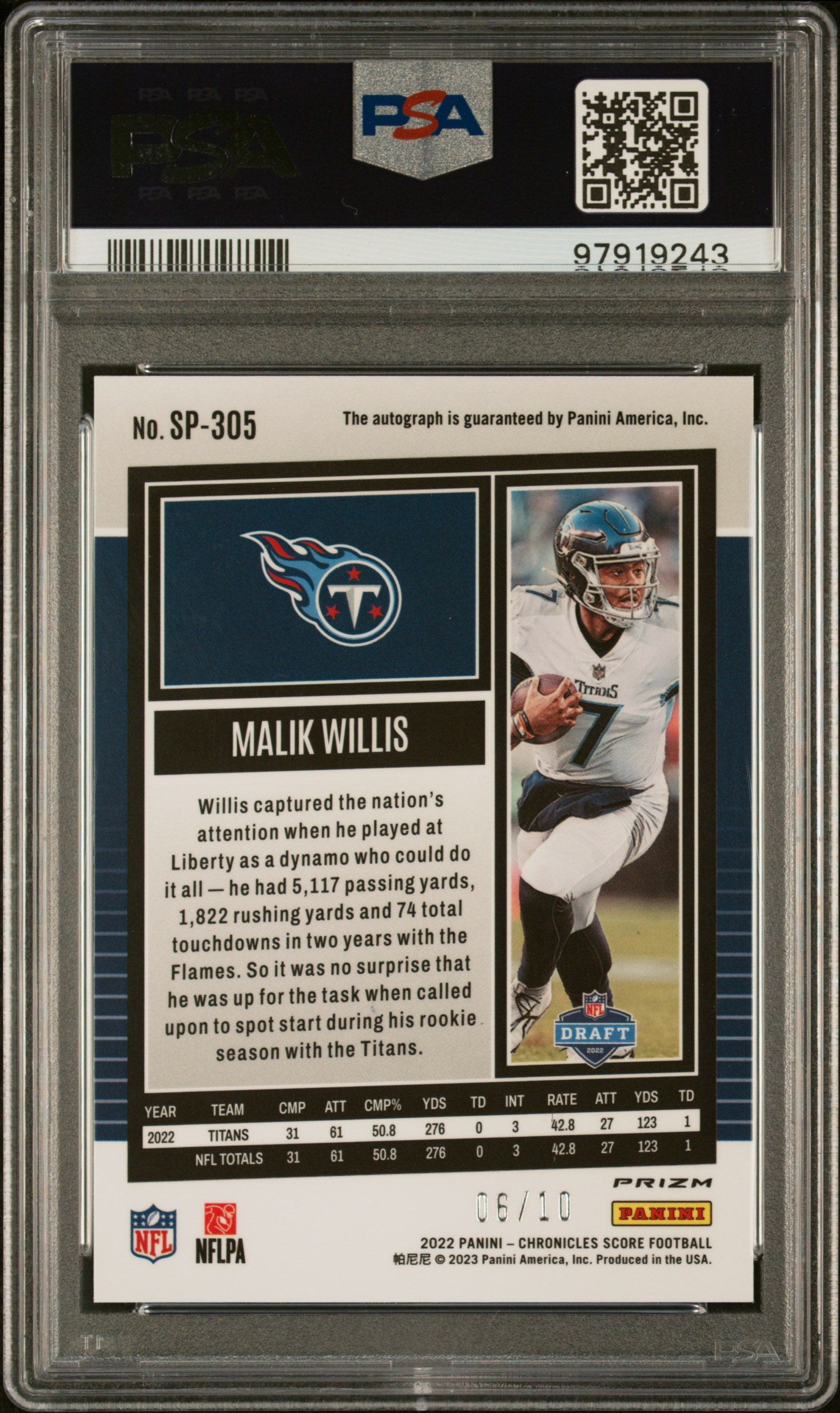2022 Chronicles Score Premium Rookies Update Auto Malik Willis #/10 PSA 10