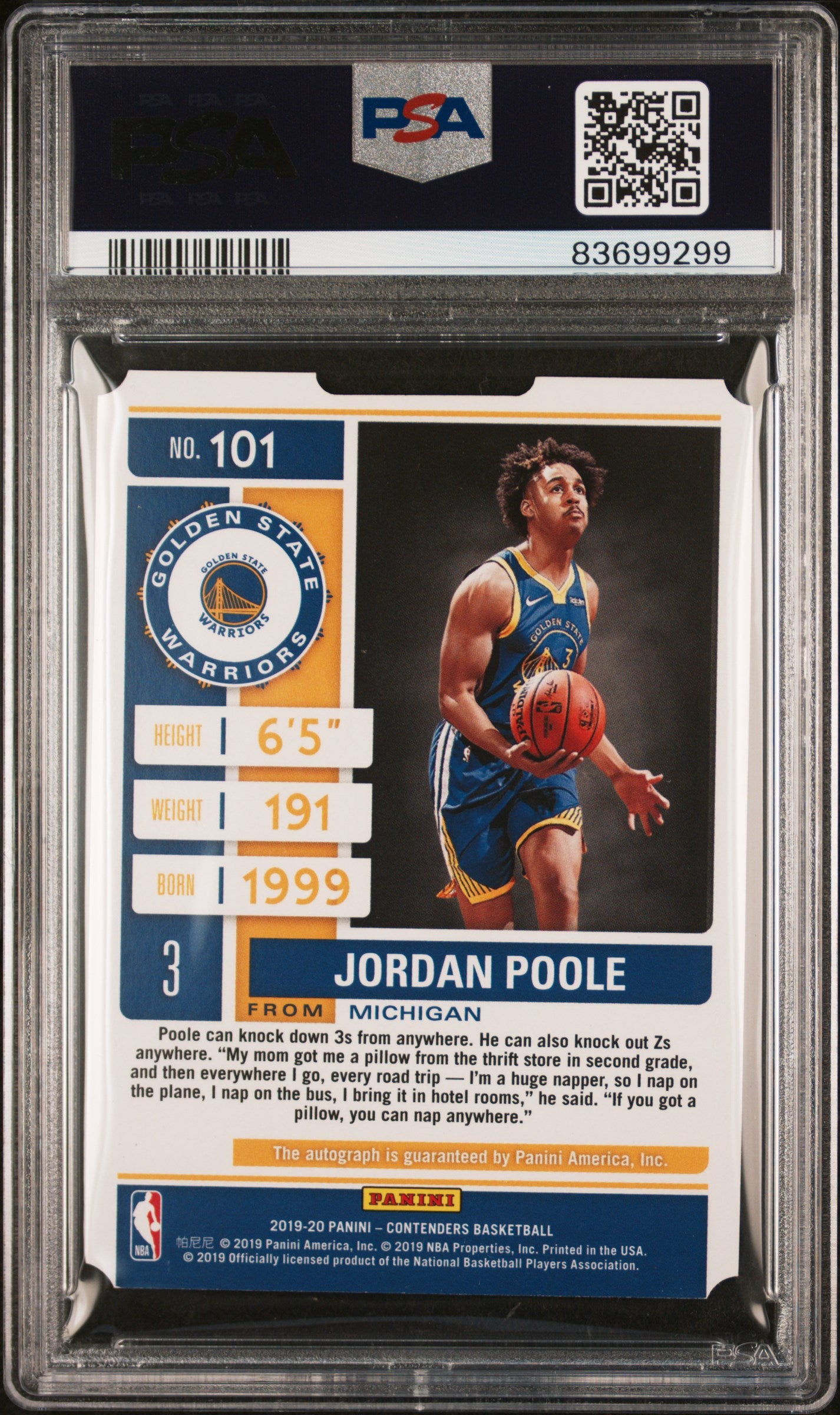 2019 Panini Contenders Jordan Poole #101 PSA 8 #3/3 Rookie Auto Jersey Number