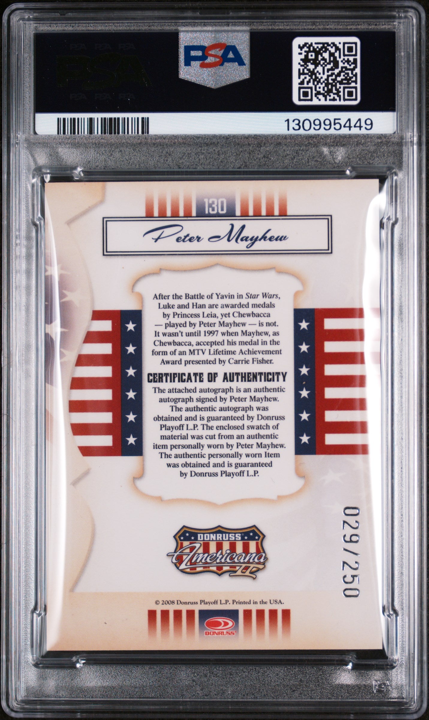2008 Donruss Americana II Peter Mayhew CHEWBACCA Autograph Relic #130 PSA 4