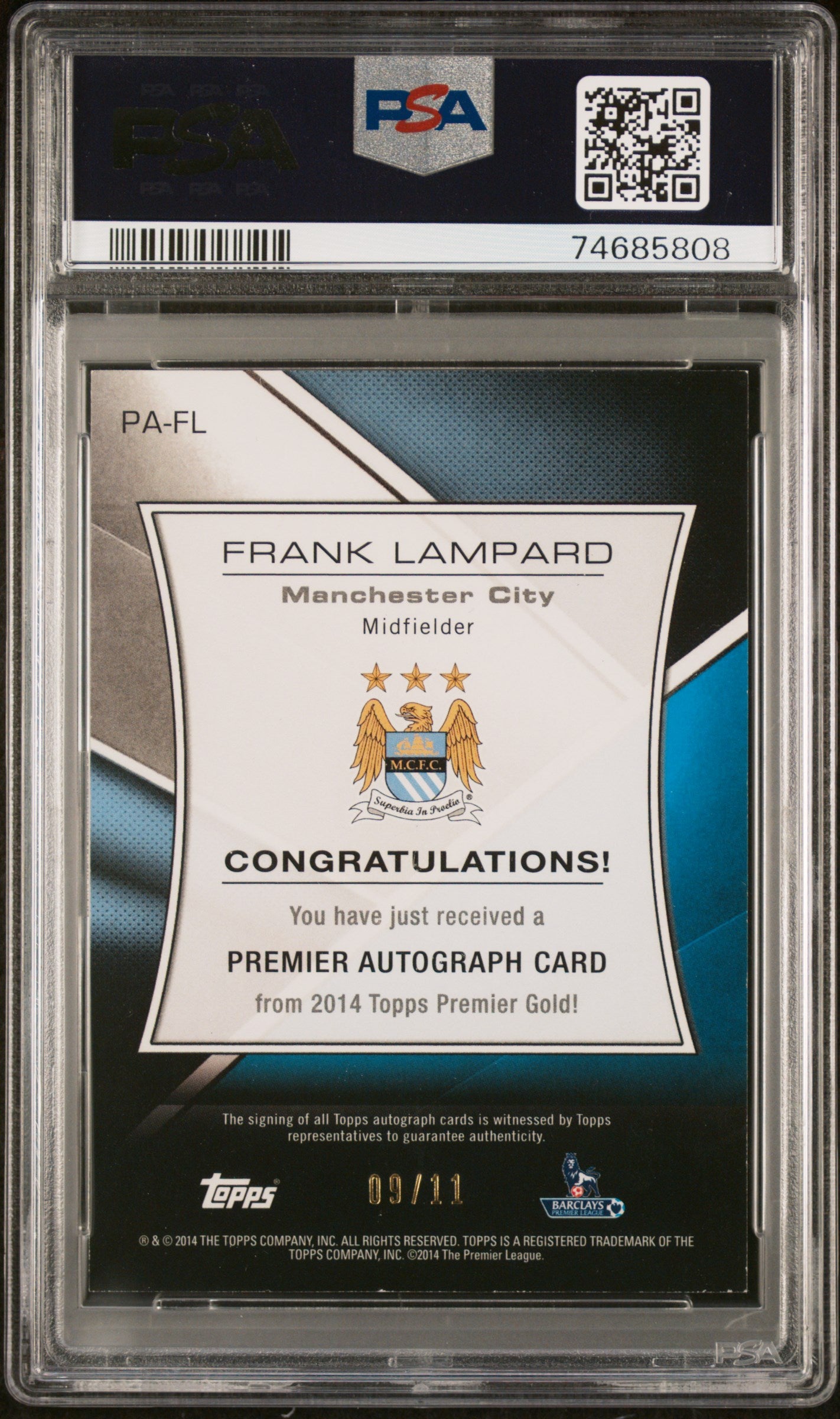 2014 Topps Premier Gold Autograph Frank Lampard Orange #/11 PSA Auth Auto
