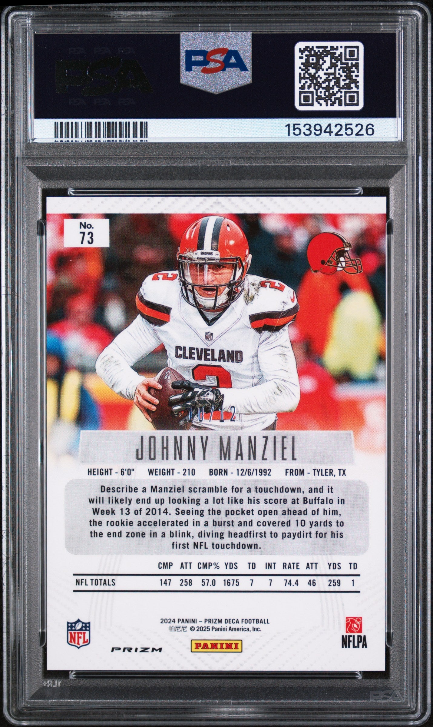 2024 Panini Prizm Deca Johnny Manziel #73 Green Shimmer Fotl #/12 PSA 10