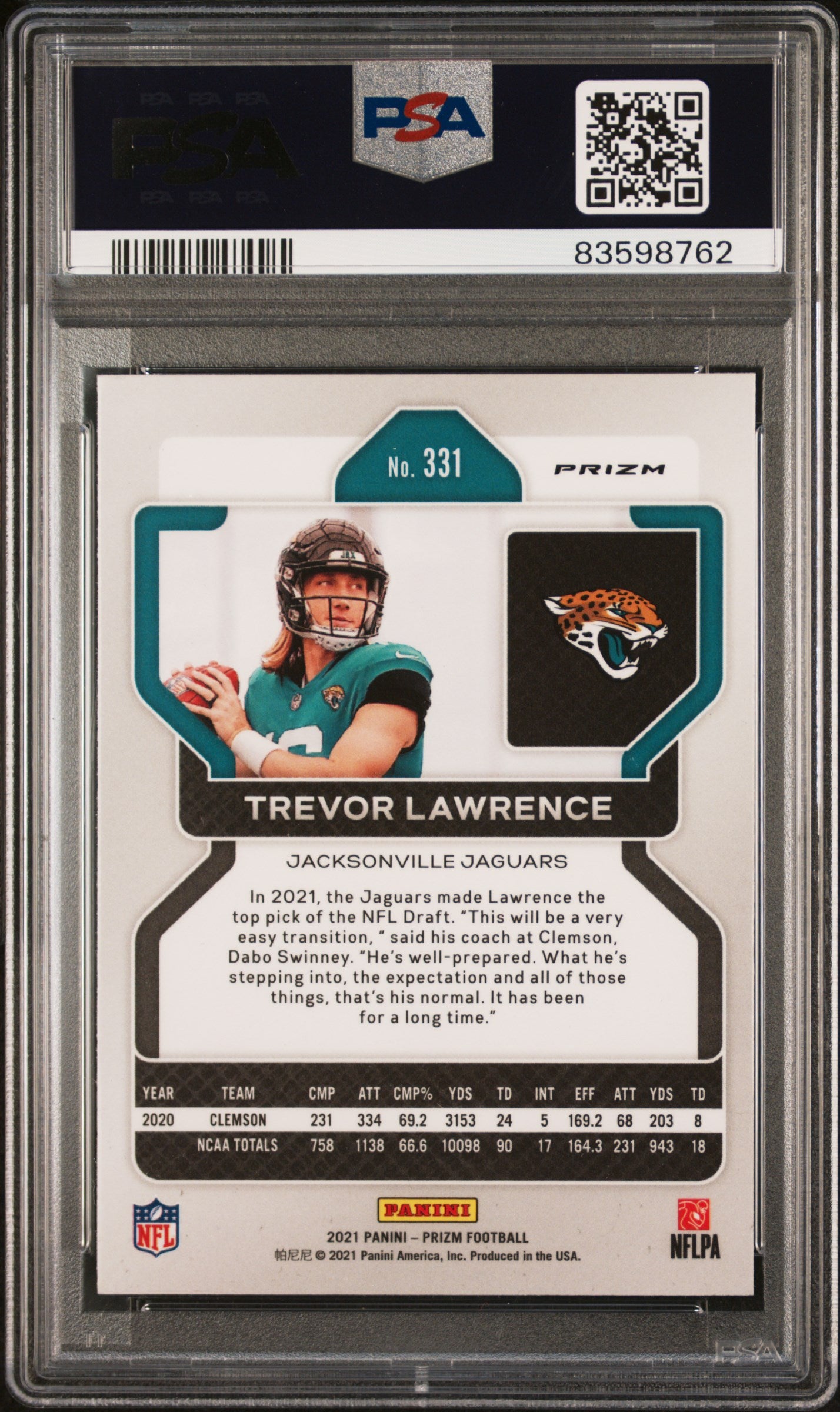 2021 Panini Prizm Trevor Lawrence #331 White Sparkle ROOKIE RC SP PSA 8