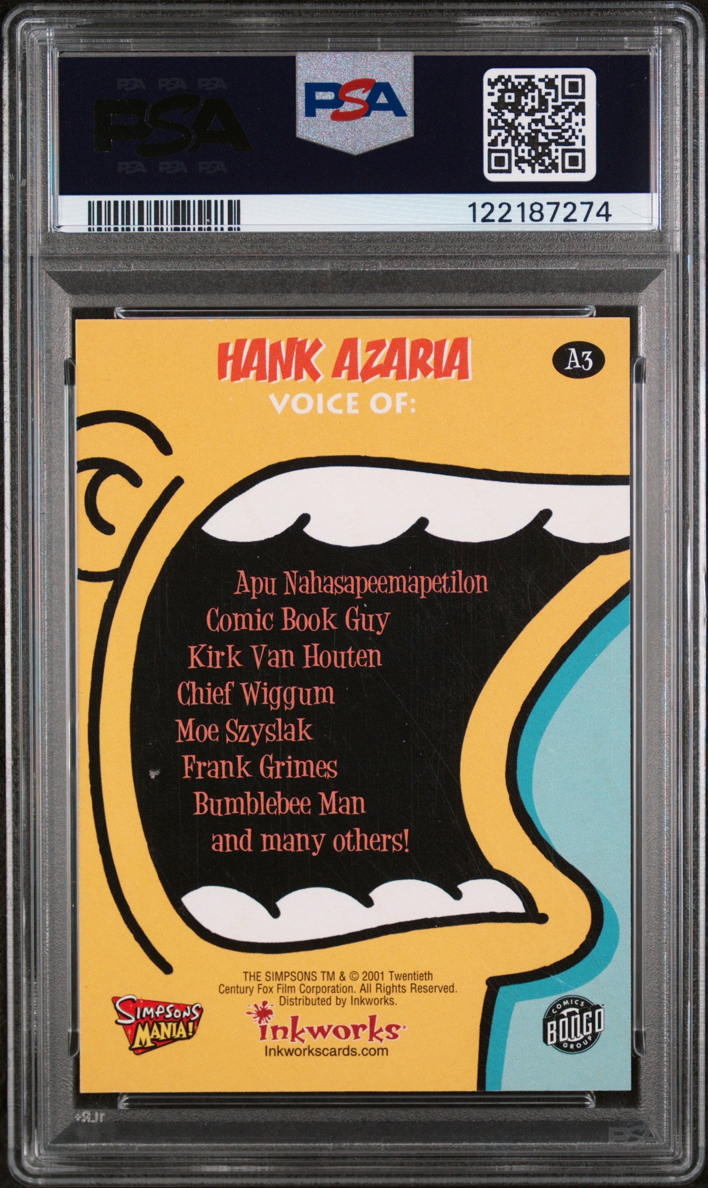 2001 Inkworks Simpsons Mania! Autographs Hank Azaria #A3 PSA Auto