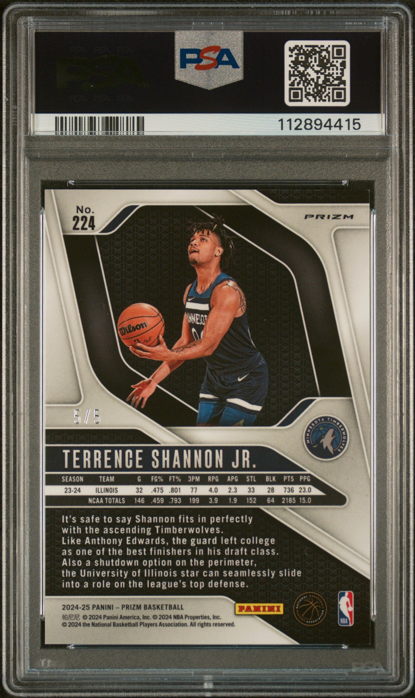 2024 Panini Prizm Terrence Shannon JR. #224 Rookie Black Gold #5/5 PSA 9