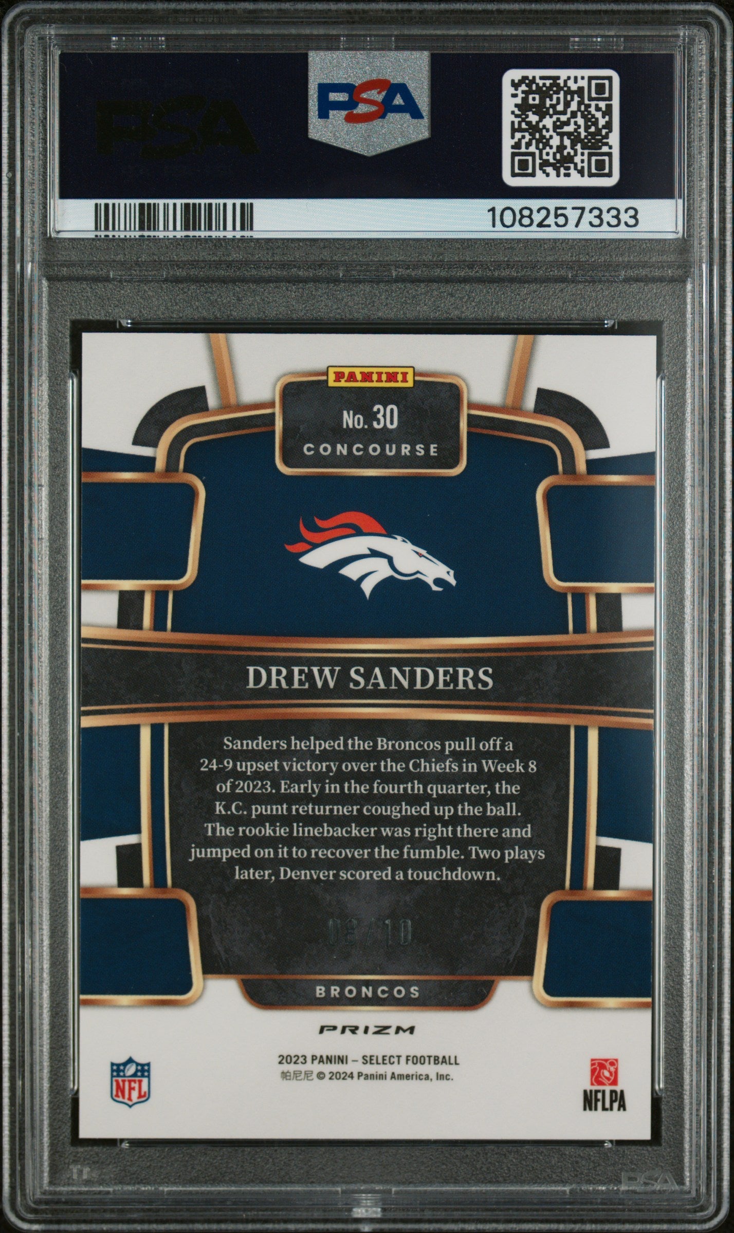 2023 Panini Select Drew Sanders #30 Gold Disco Prizm #/10 Rookie PSA 10 POP 1