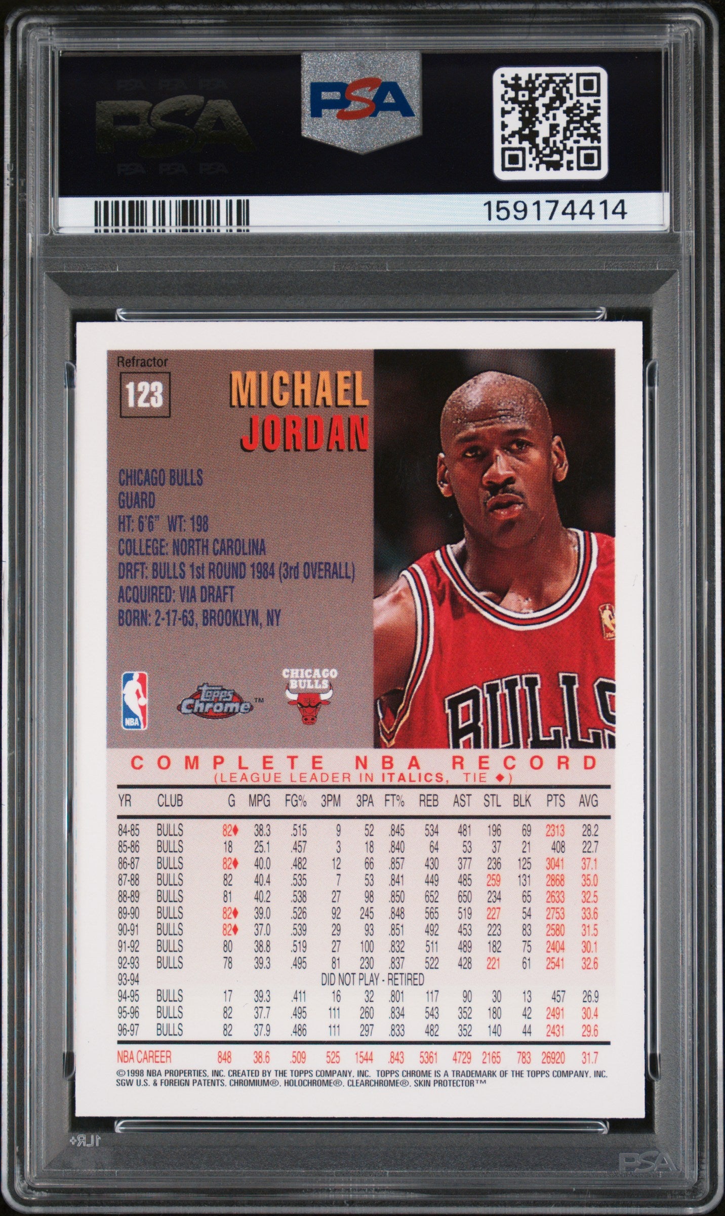 1997-98 Topps Chrome Michael Jordan #123 Refractor Ref PSA 8 NM-MT Bulls HOF