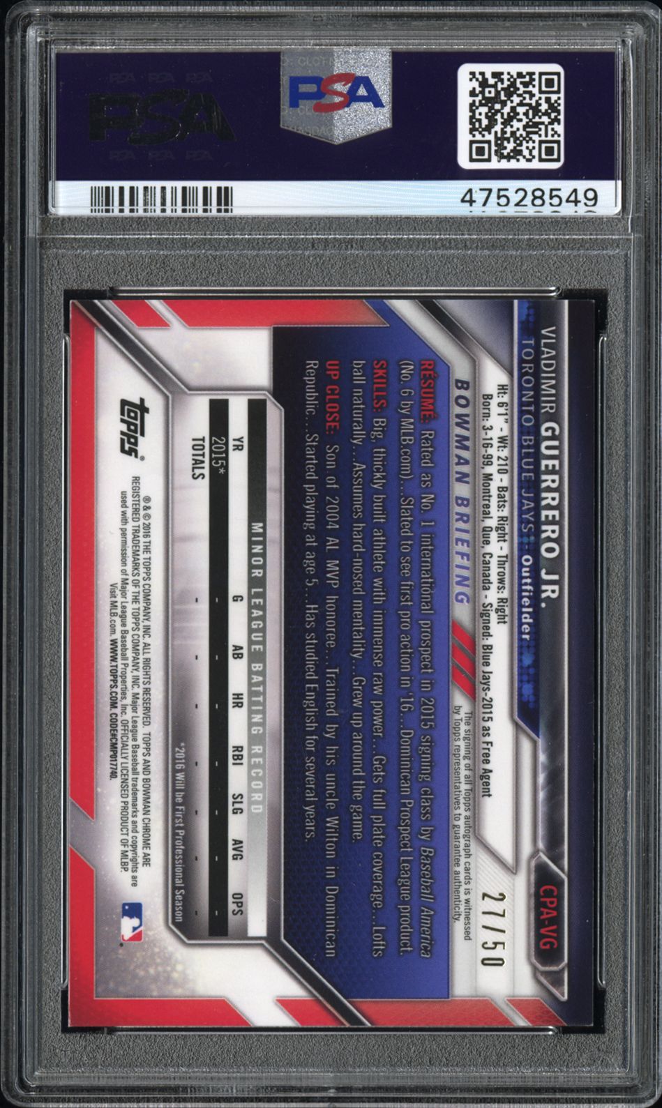 2017 Bowman Chrome Vladimir Gutierrez Jersey #27/50 Auto Gold Refractor PSA 8.5