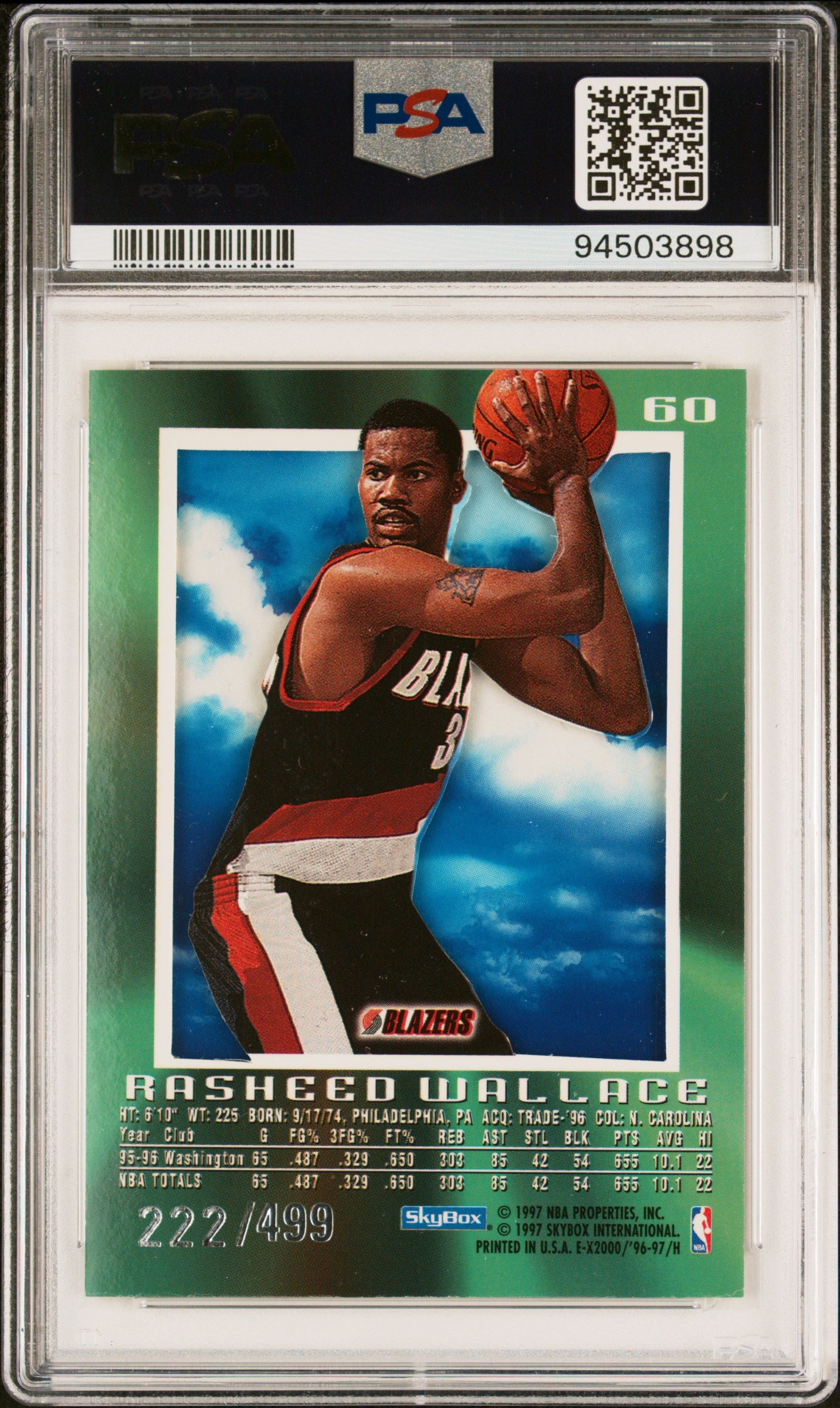 1996 Skybox E-X2000 Rasheed Wallace #60 Credentials  #/499 PSA 7