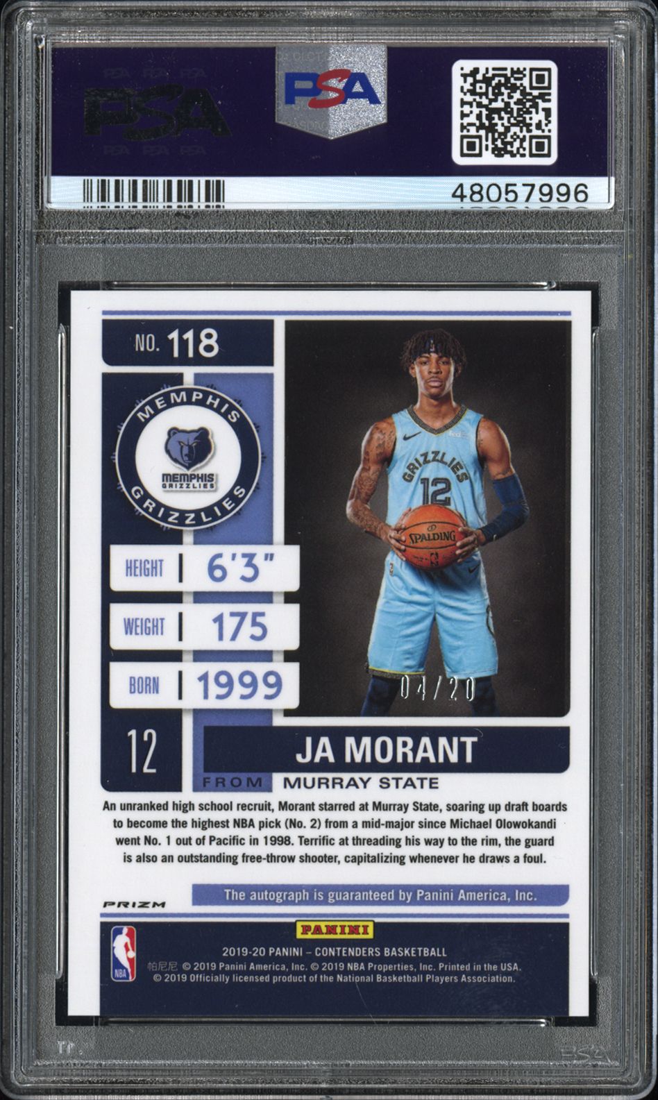 2019 Contenders Premium Ed Ja Morant #118 Rookie Blue Shimmer #/20 Auto PSA 9