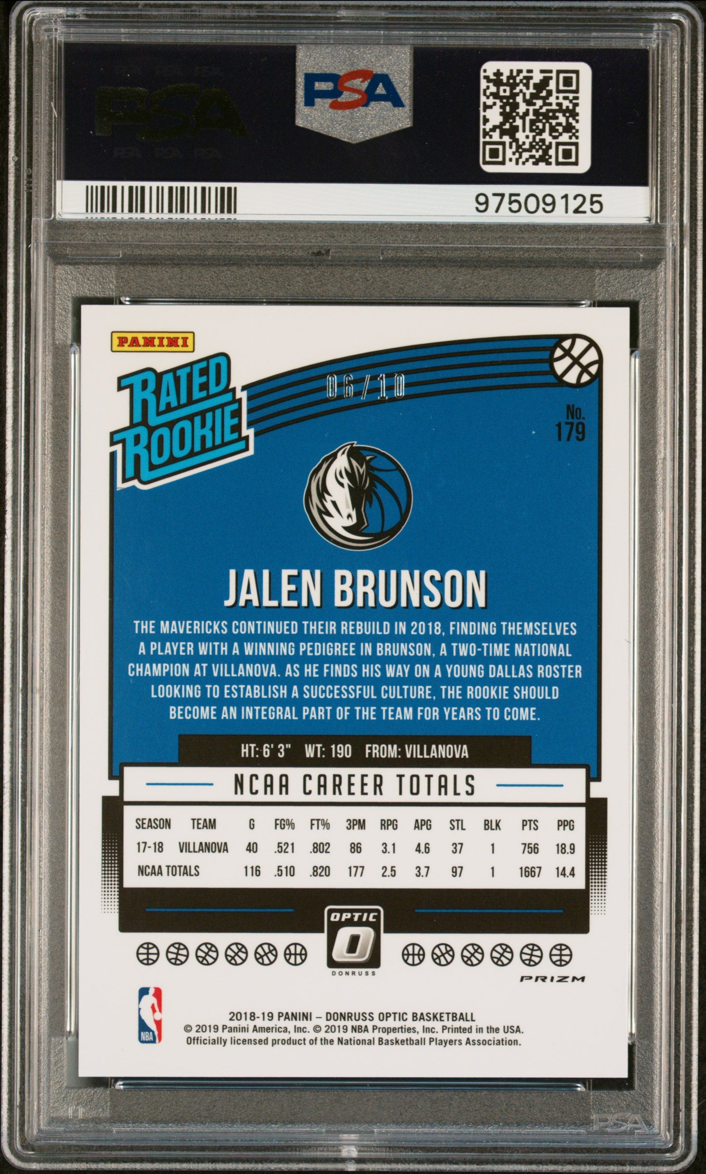 2018 Panini Donruss Optic Jalen Brunson #179 Rookie Gold Prizm /10 PSA 9