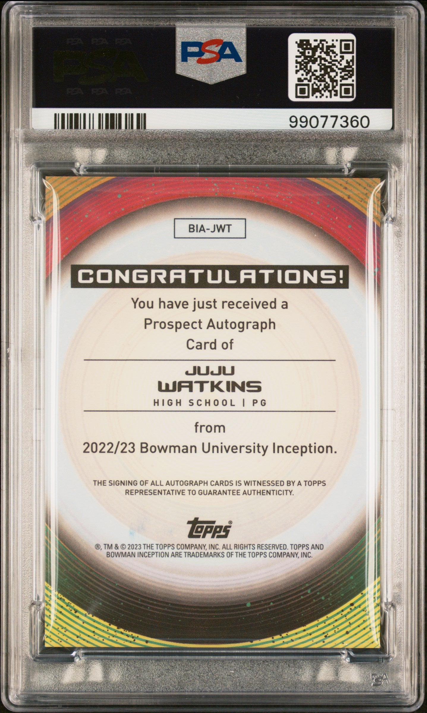 2022 Bowman University Inception Auto Juju Watkins Auto PSA 10 Low Pop WNBA