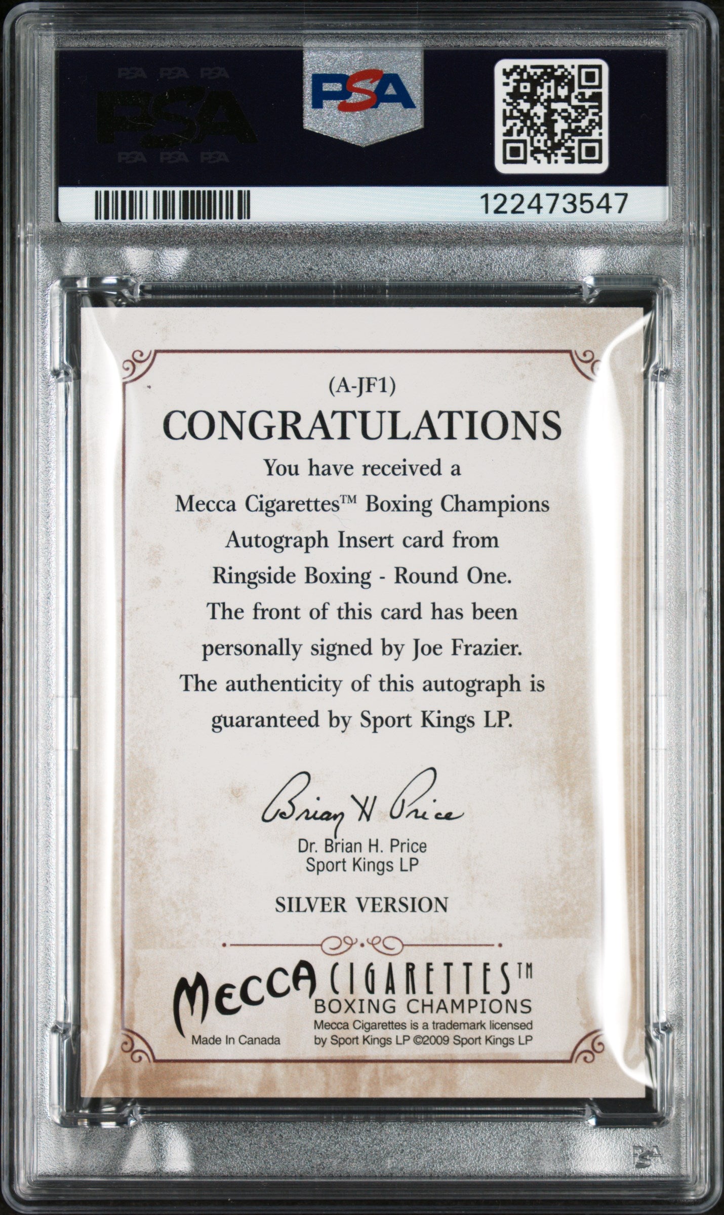 2010 Ringside Boxing Mecca Autograph Joe Frazier #A-JF1 Silver Auto PSA 9 Auto