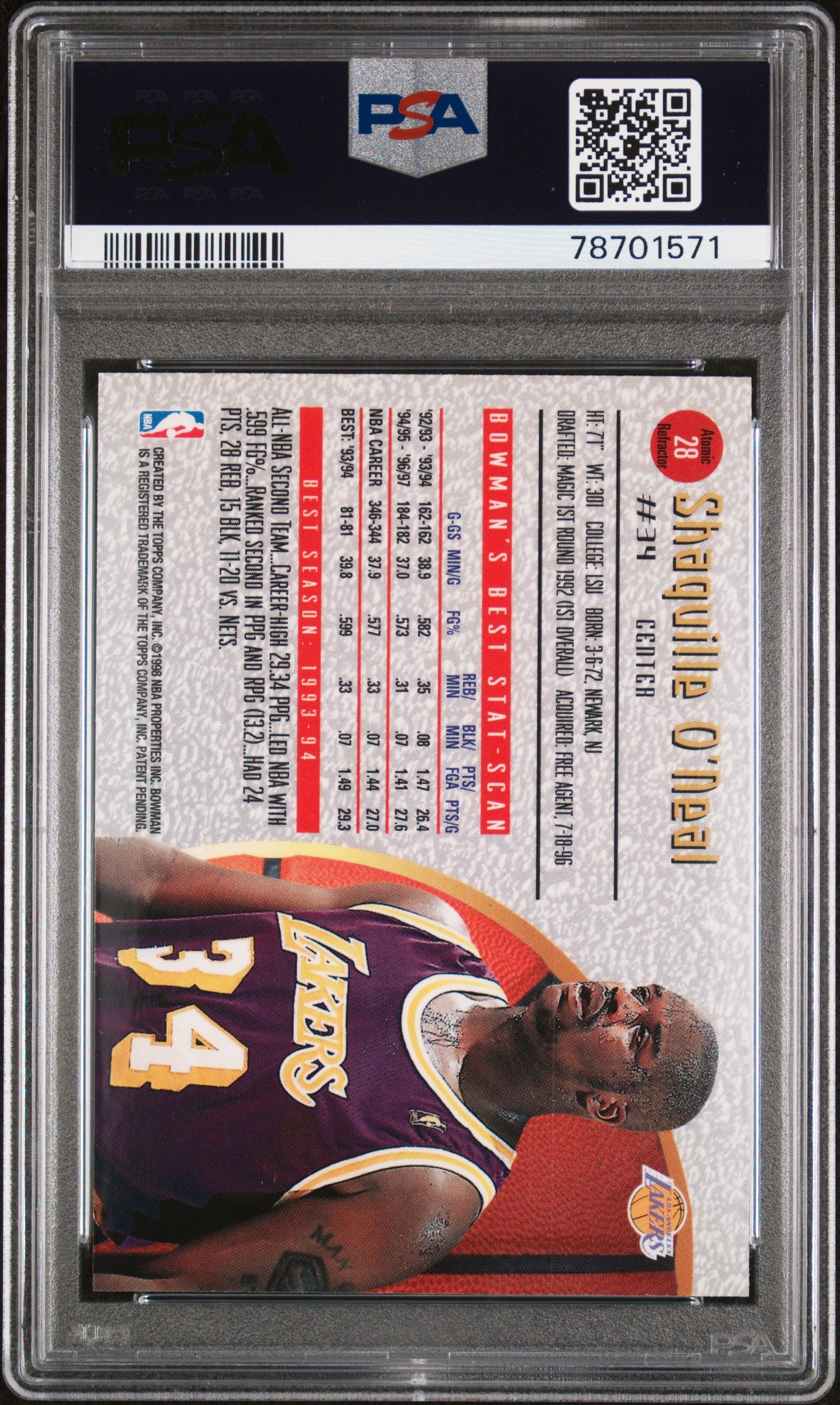 1997 Bowman's Best Shaquille O'Neal #28 Atomic Refractor PSA 10 Gem Mint