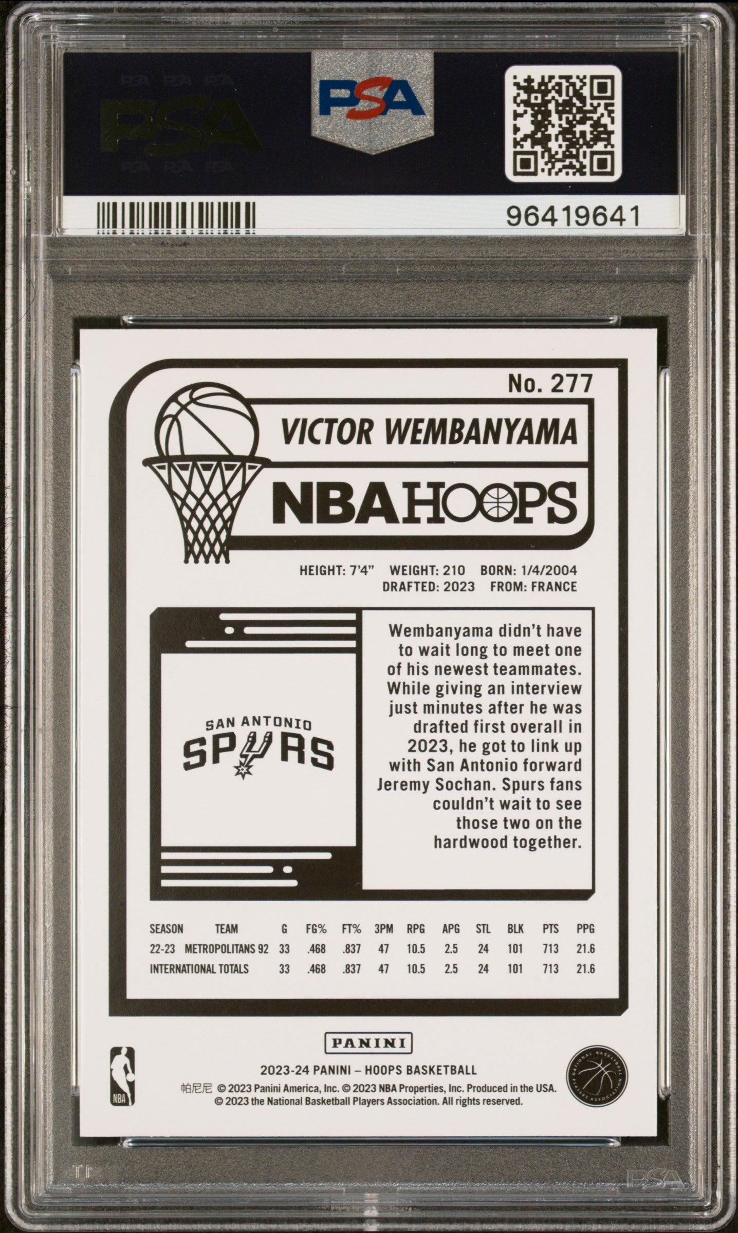 2023 Panini NBA Hoops Victor Wembanyama #277 Rookie RC PSA 10 Gem Mint