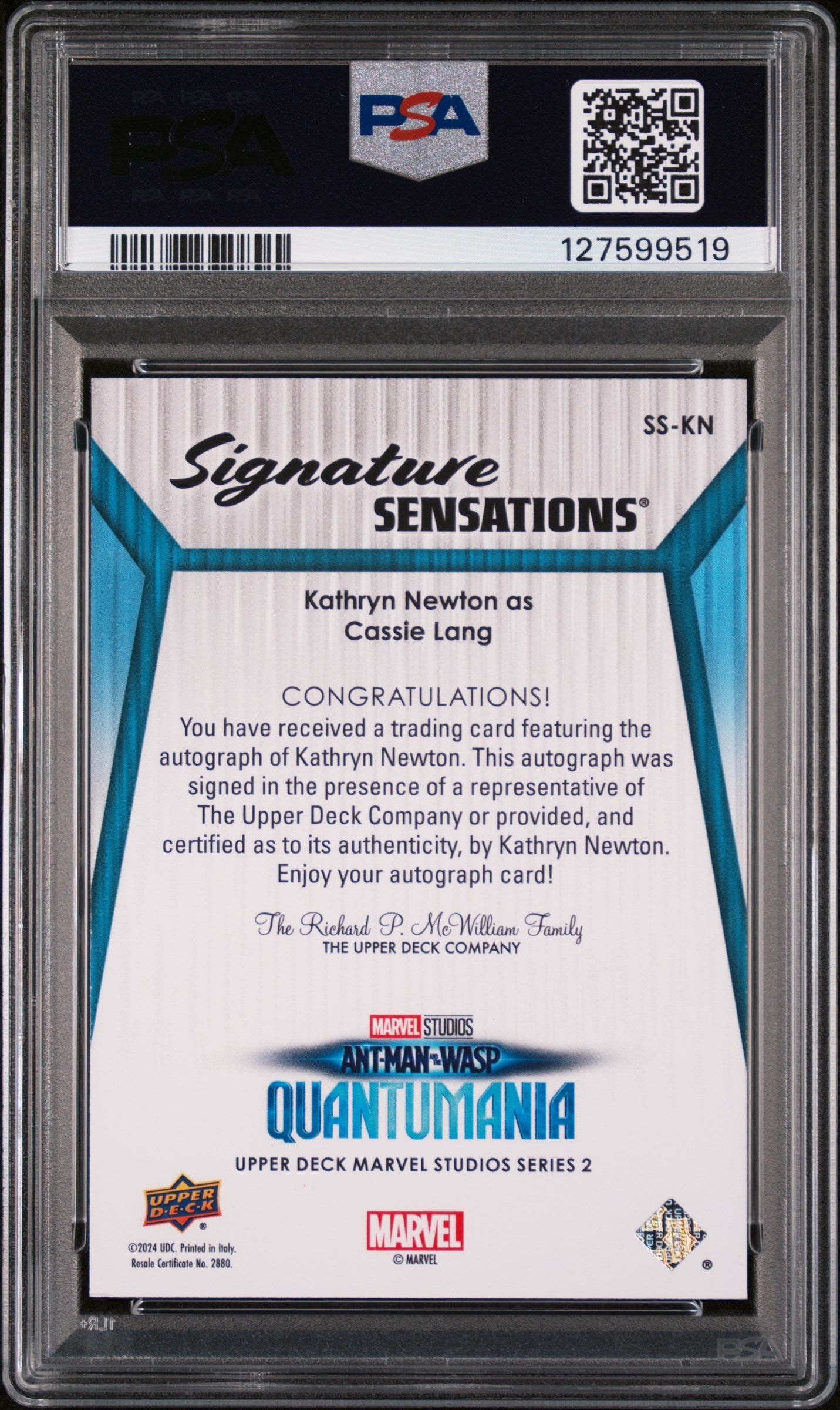‘24 Upper Deck Marvel S2 Cinematic Sig INSCRIBE Kathryn Newton CASSIE PSA 8 AUTO