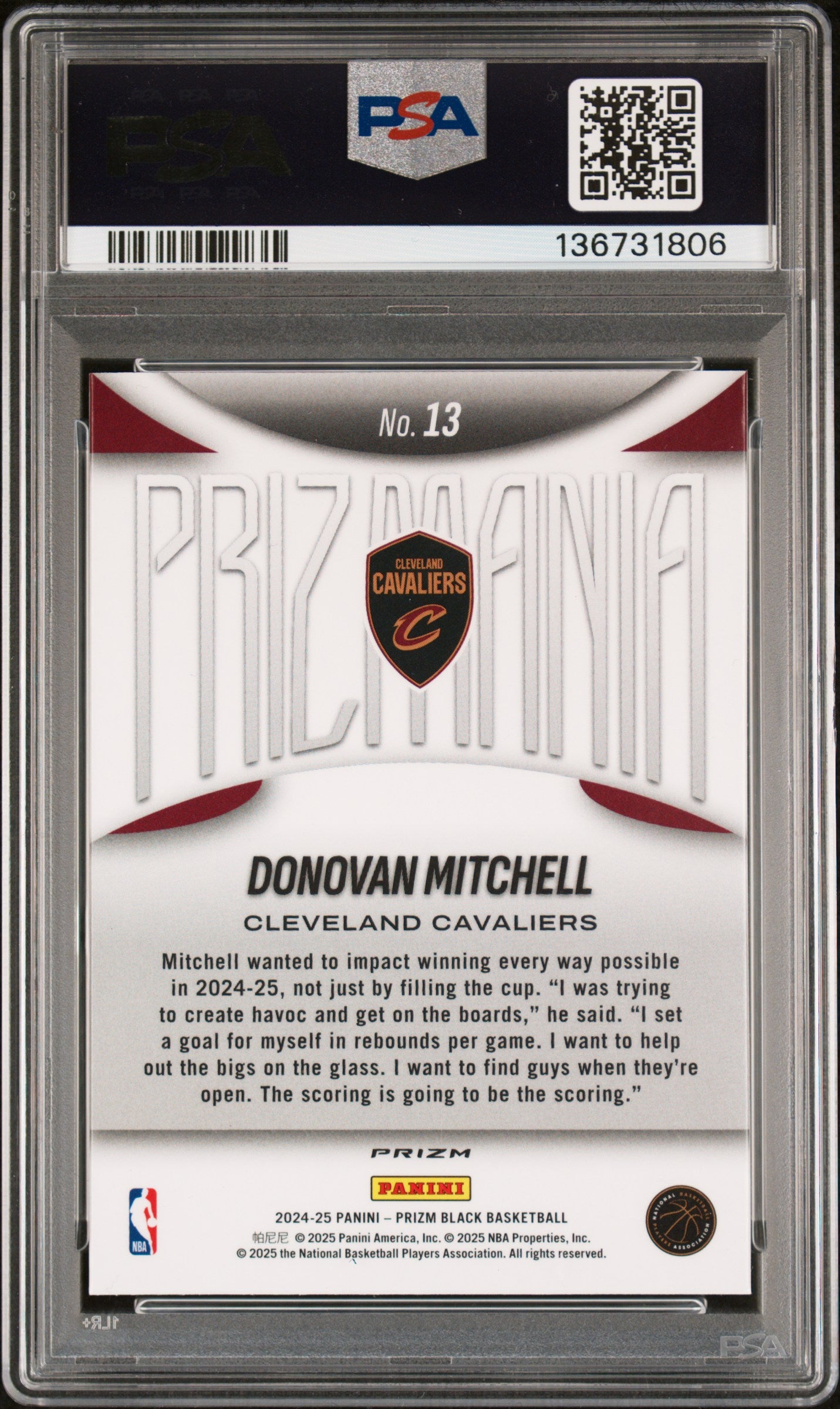 2024 Panini Prizm Black Prizmania Donovan Mitchell #13 Silver SP Low Pop PSA 10