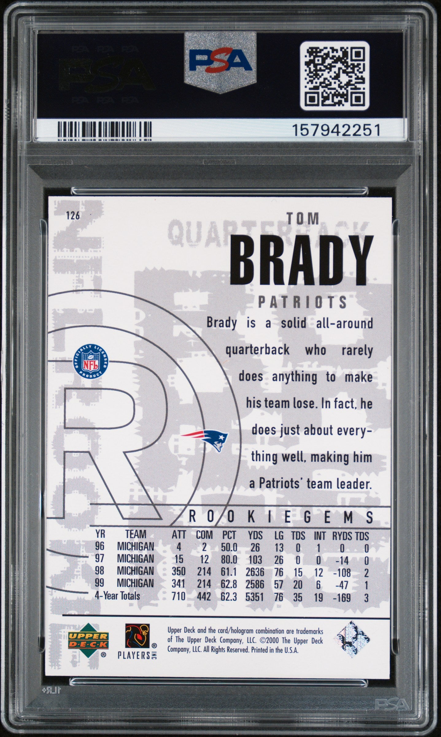 2000 Upper Deck Black Diamond Tom Brady #126 Rookie RC PSA 7 Patriots