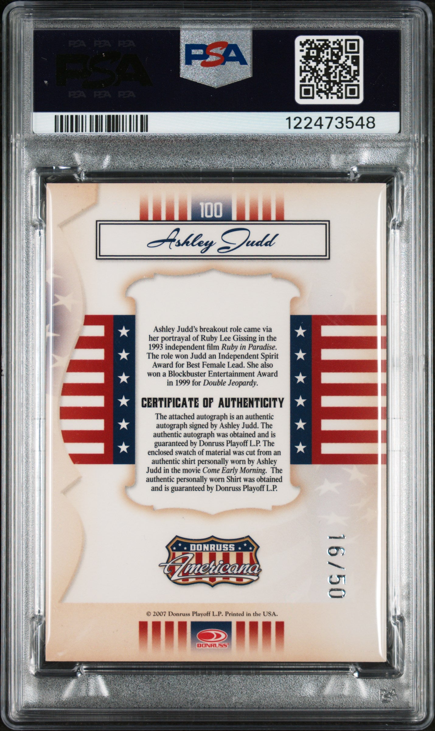 2007 Donruss Americana Private Signings Ashley Judd /50 Auto Relic PSA 9/10 POP1