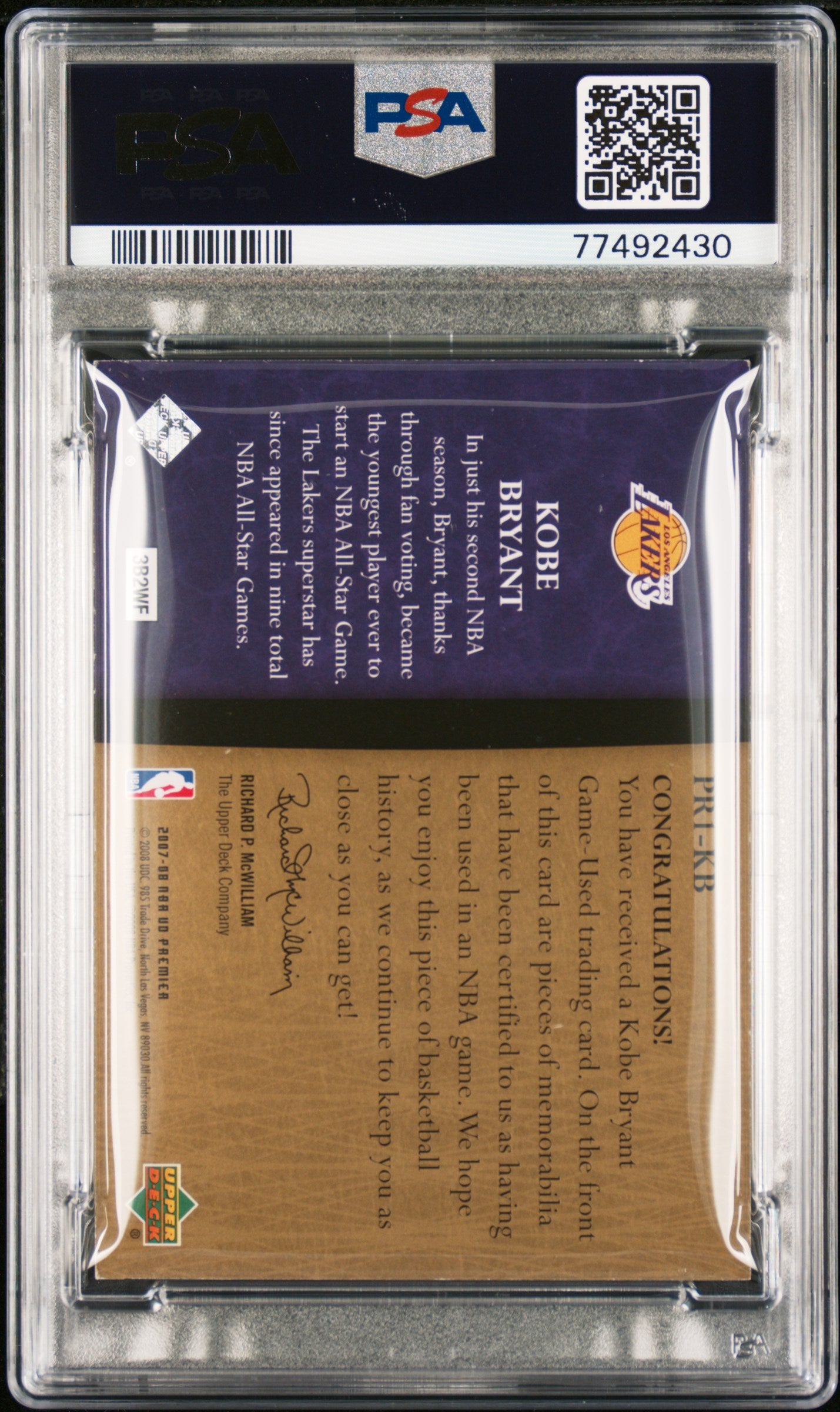 2007 Upper Deck Premier Remnants Triple Patch Kobe Bryant #/50 Gold PSA 6