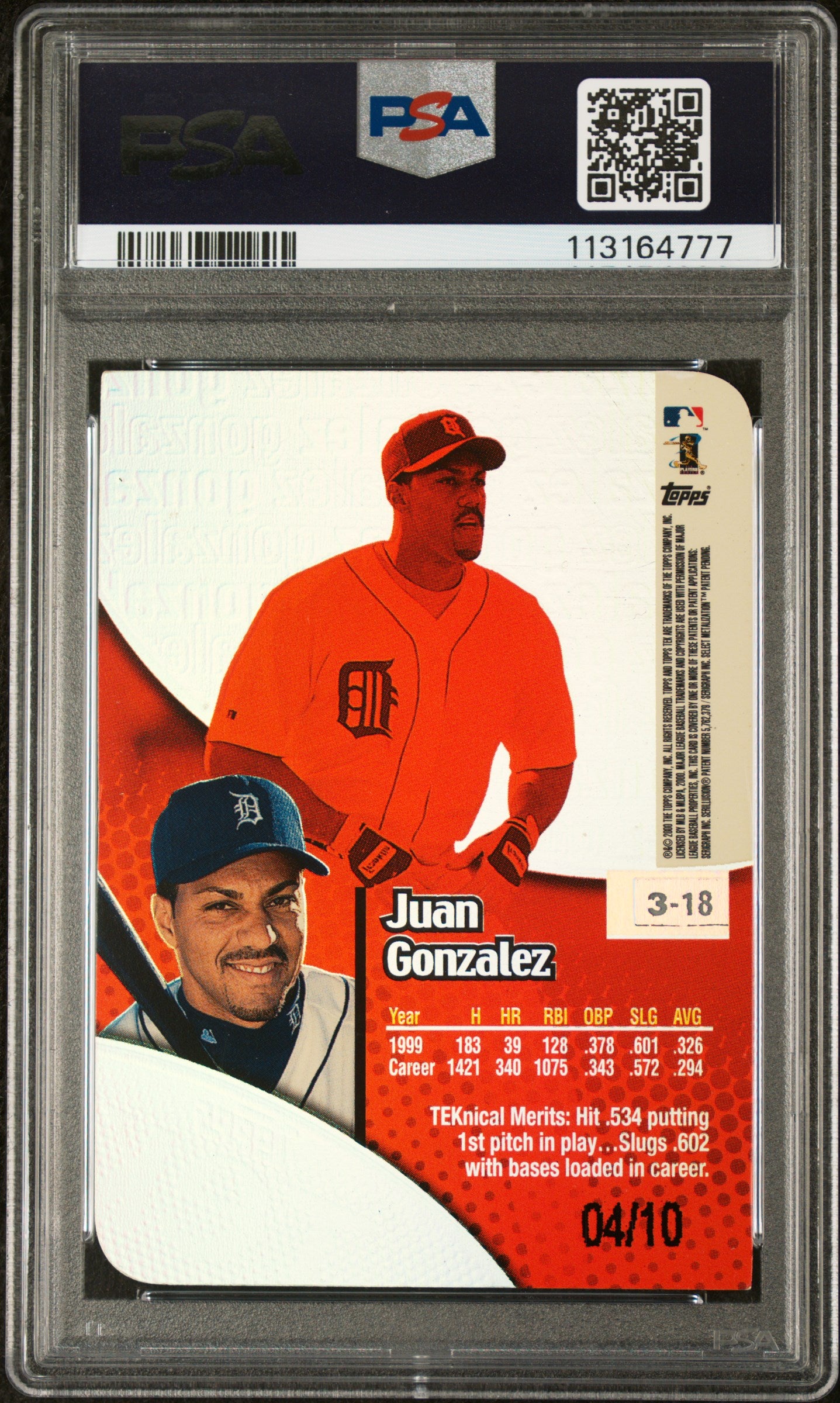 2000 Topps Tek Juan Gonzalez #3-18 Gold #/10 Name Pattern PSA 9