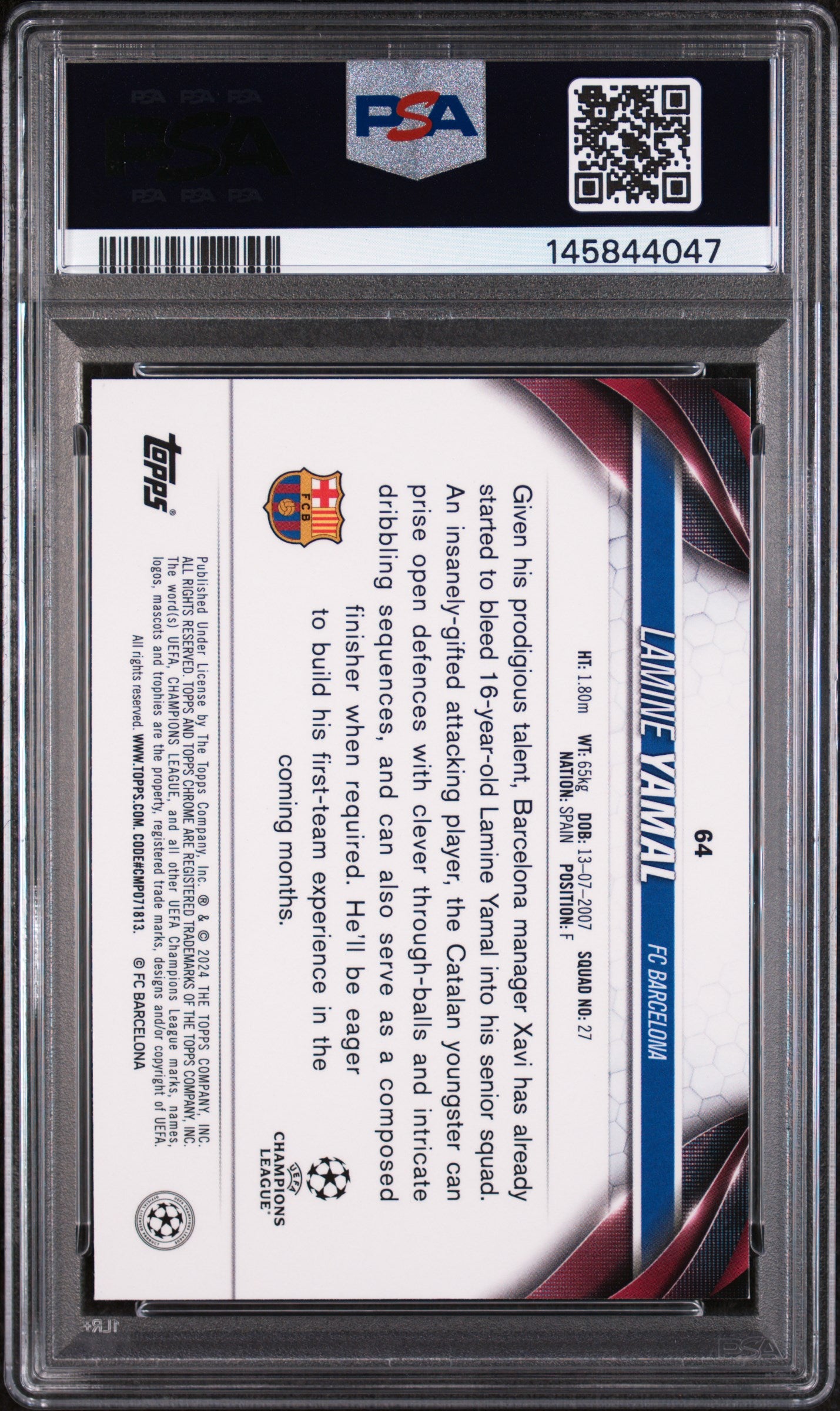 2023-24 Topps Chrome UEFA Club Lamine Yamal #64 Rookie RC PSA 10 World Cup