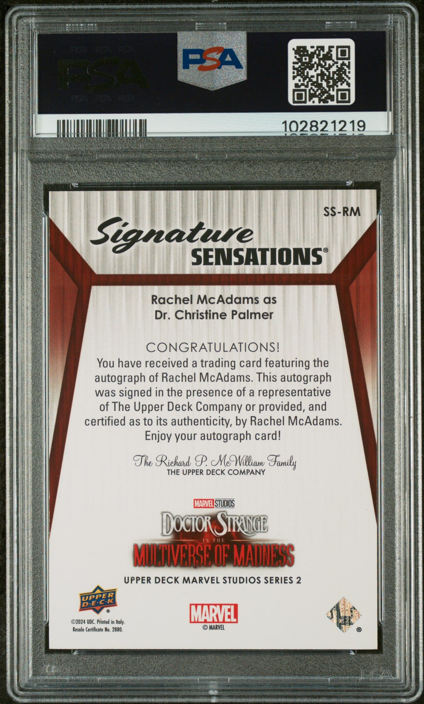2024 UD Marvel Studios Doctor Strange Rachel McAdams Autograph PSA Auth 10 Auto