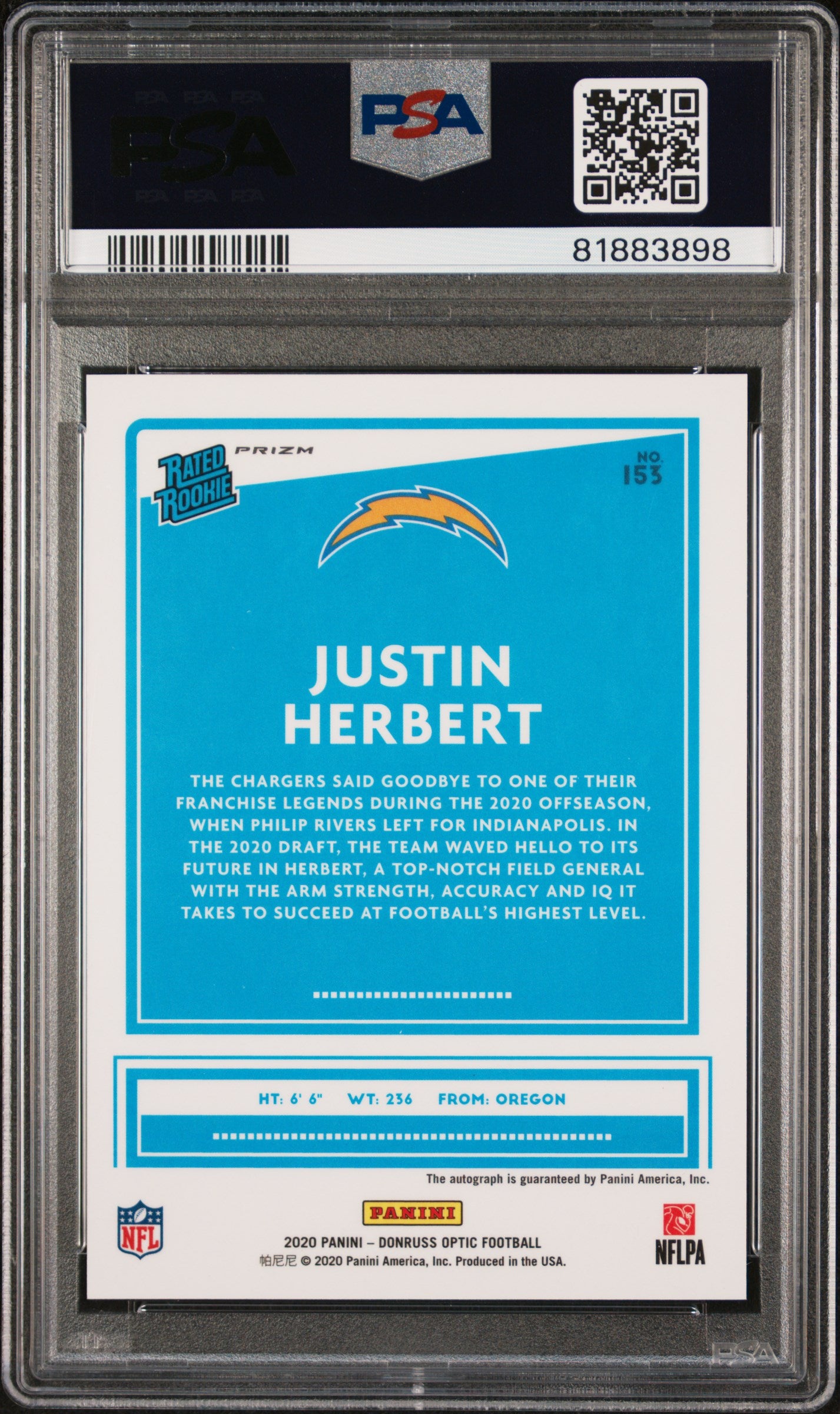 2020 Donruss Optic Justin Herbert #153 Rookie Autograph Bronze PSA 10 Auto 10
