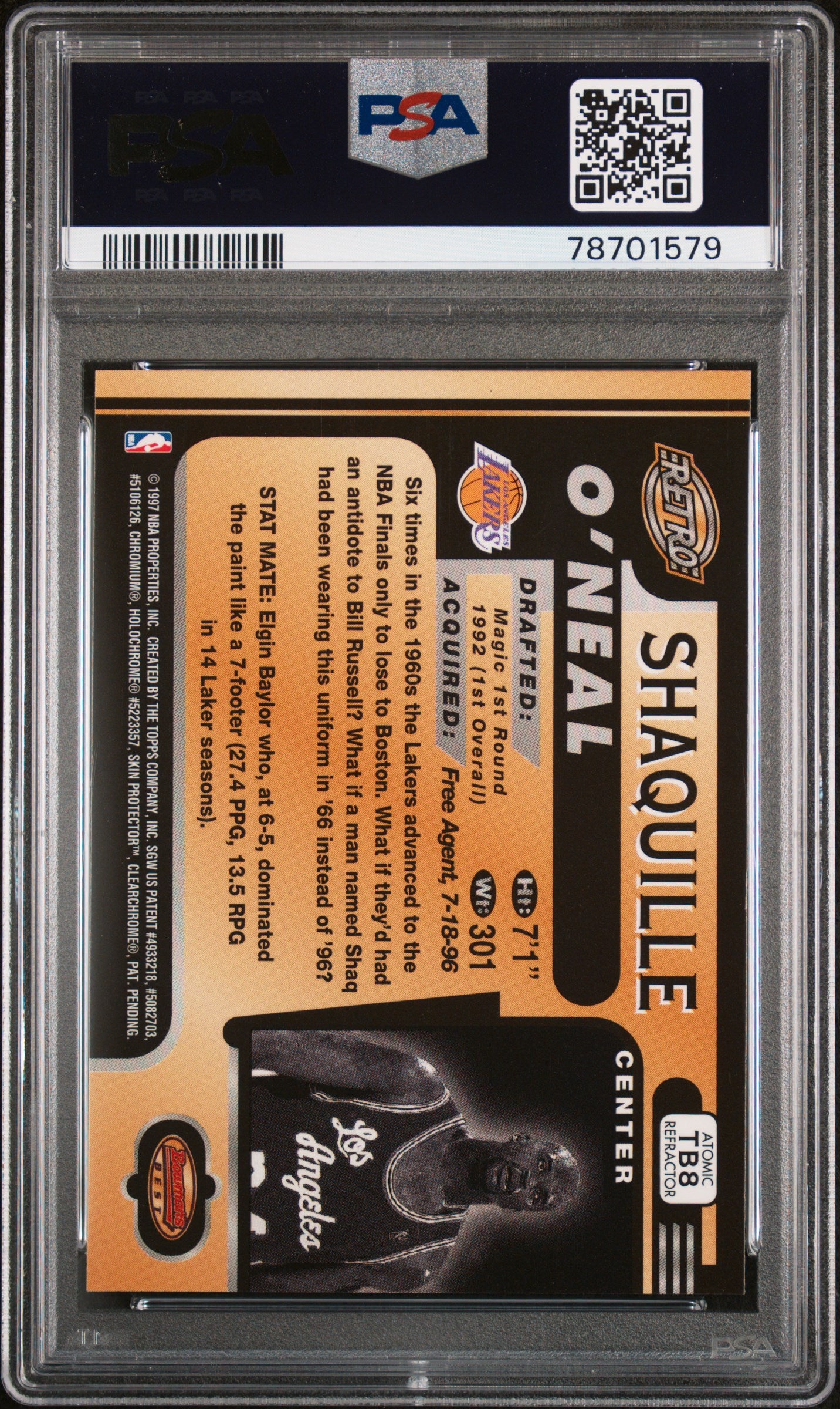 1996 Bowman's Best Retro Shaquille O'Neal #TB8 Atomic Refractor PSA 9 Lakers