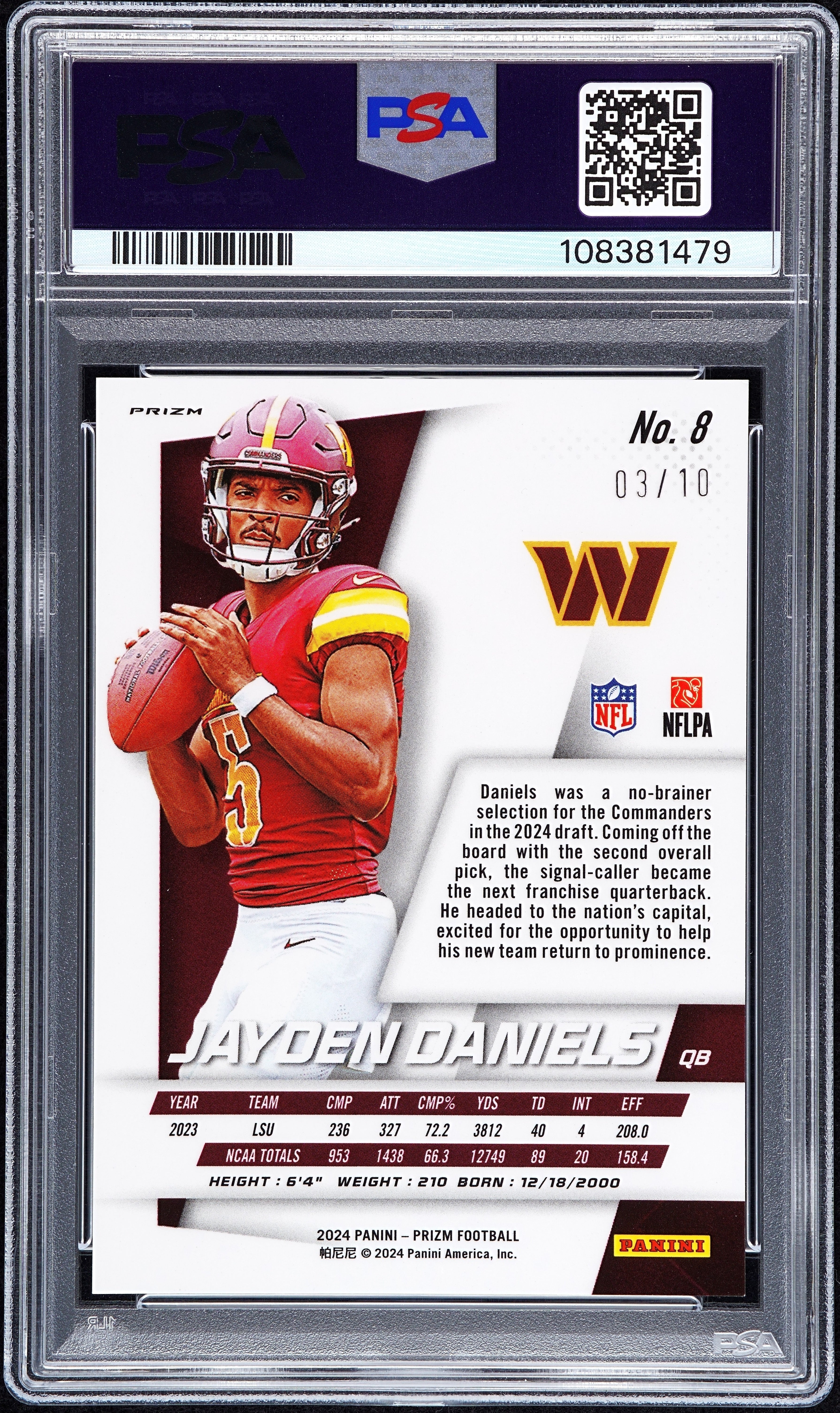 2024 Panini Prizm Flashback Rookie Jayden Daniels #8 Gold RC #3/10 PSA 9 Mint