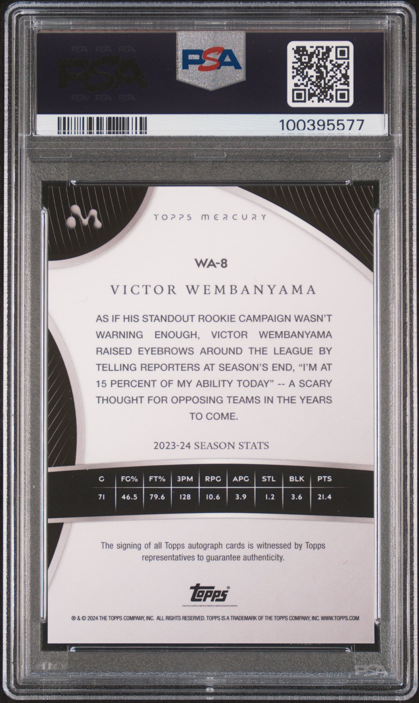 2023 Topps Mercury Victor Wembanyama Autograph Gold Refractor /50 PSA 9 Auto 10