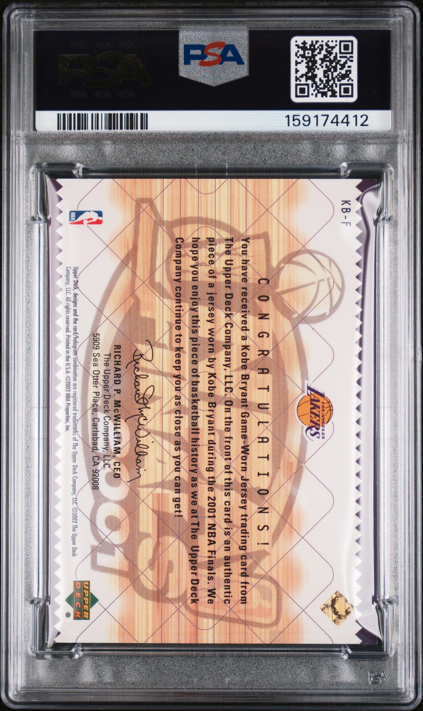 2001 Upper Deck NBA Kobe Bryant Finals Fabric Game Worn Jersey PSA 7 Lakers SP