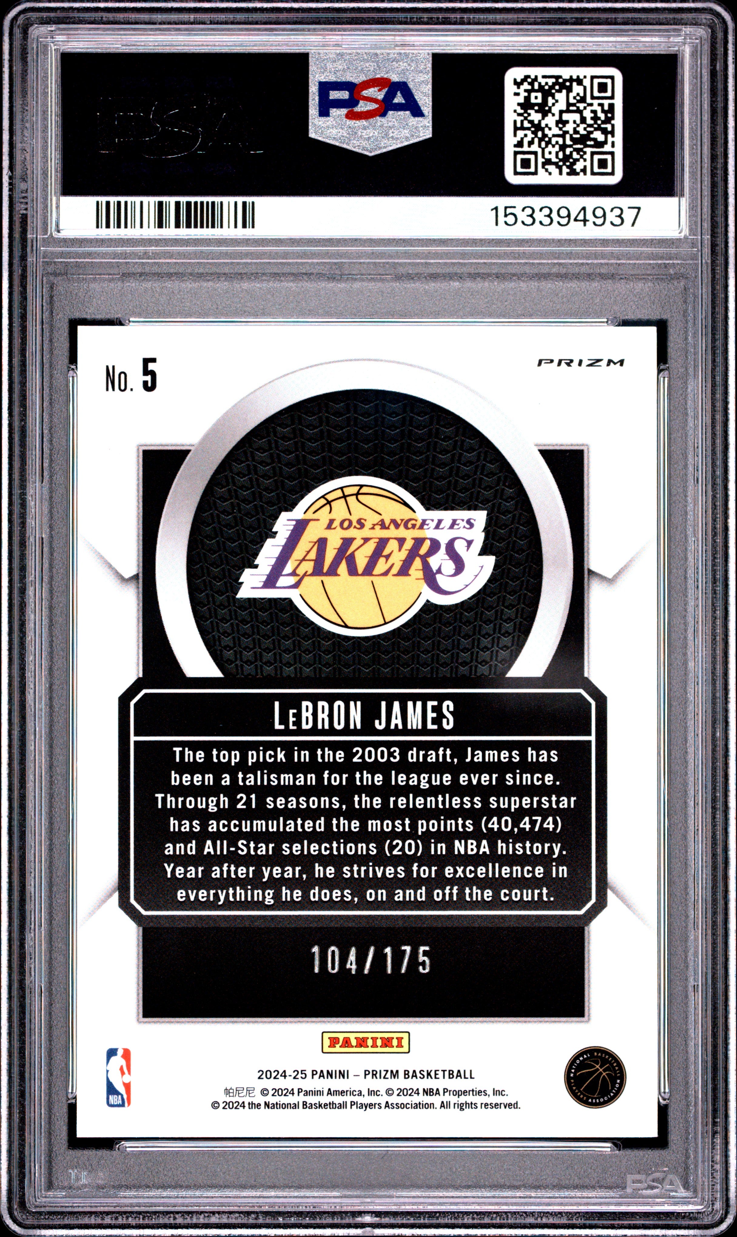 2024 Panini Prizm Talismen LeBron James #5 Blue Wave #/175 PSA 10 POP 9