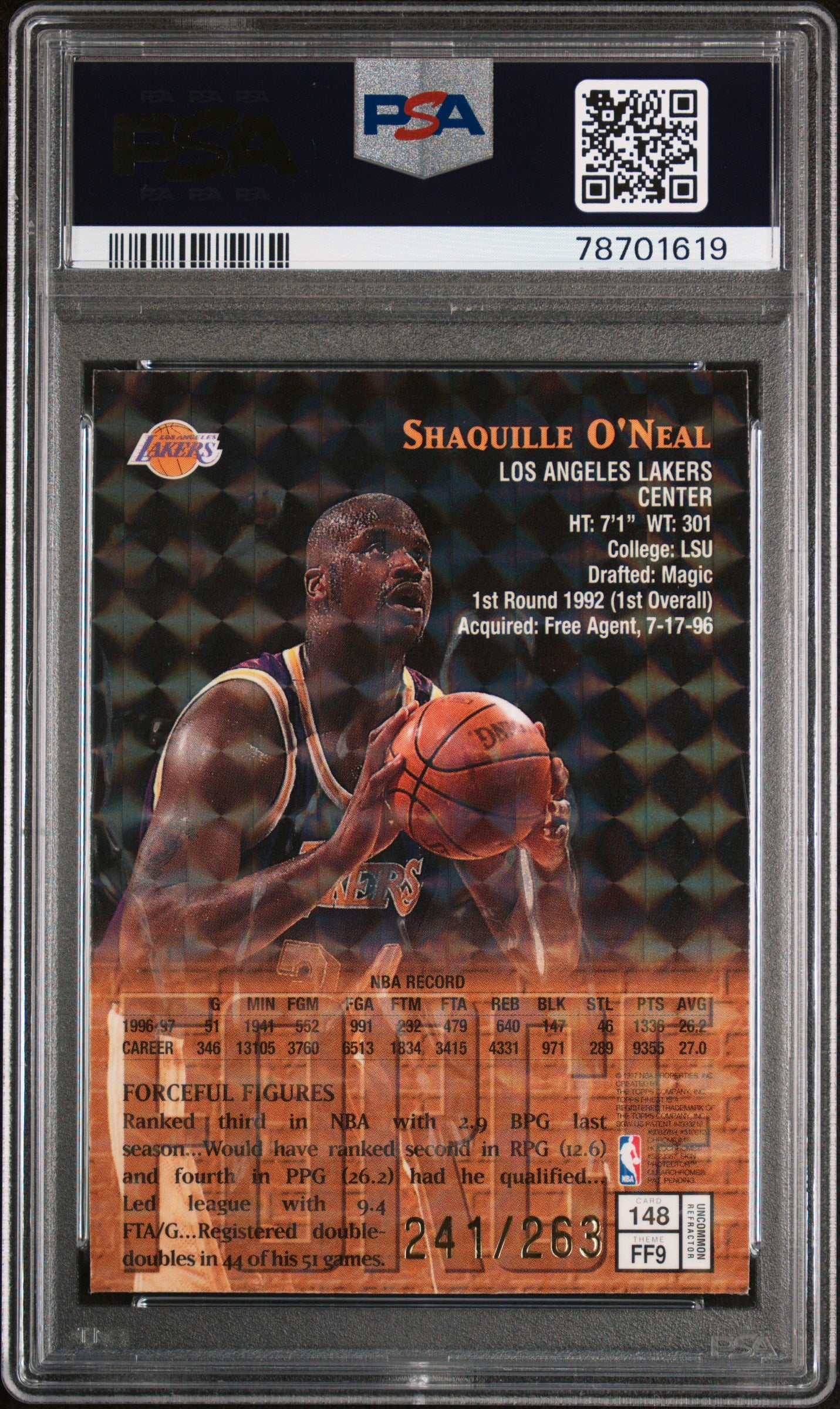 1997 Finest Embossed Shaquille O'Neal #148 Refractor /263 Refractor PSA 8 Lakers