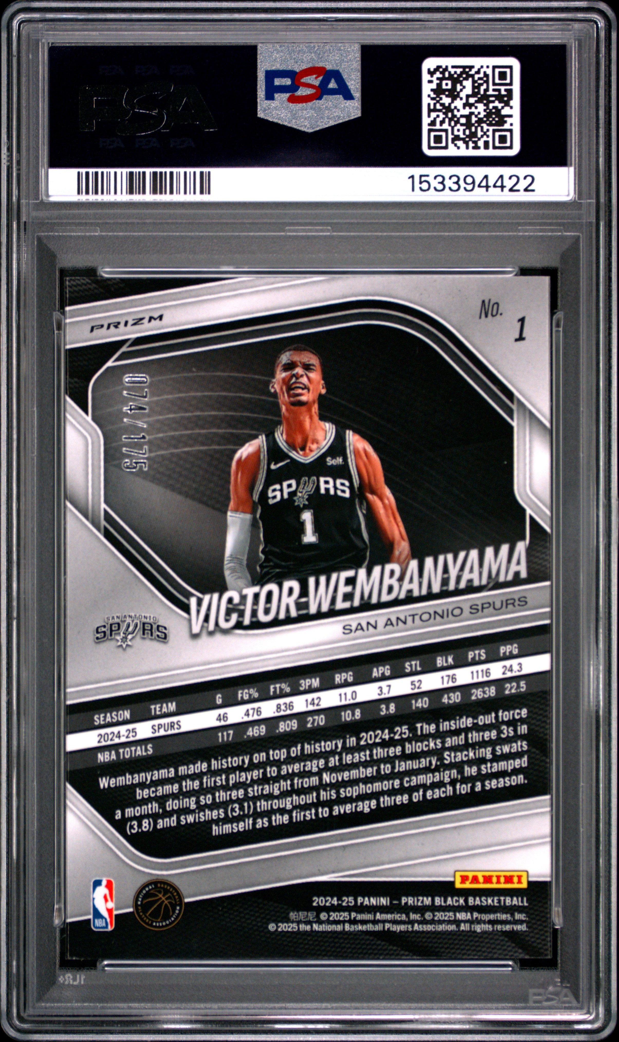 2024 Panini Prizm Black Victor Wembanyama #1 White #/175 PSA 10 Spurs