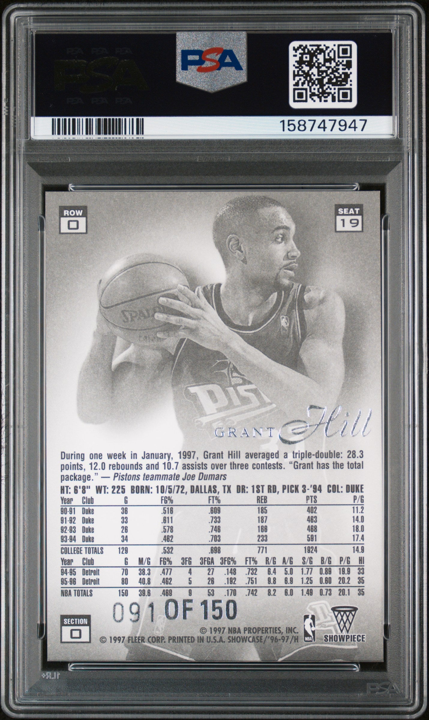 1996 Flair Showcase Grant Hill #19 Legacy Collection Row 0 091/150 PSA 8 Pistons