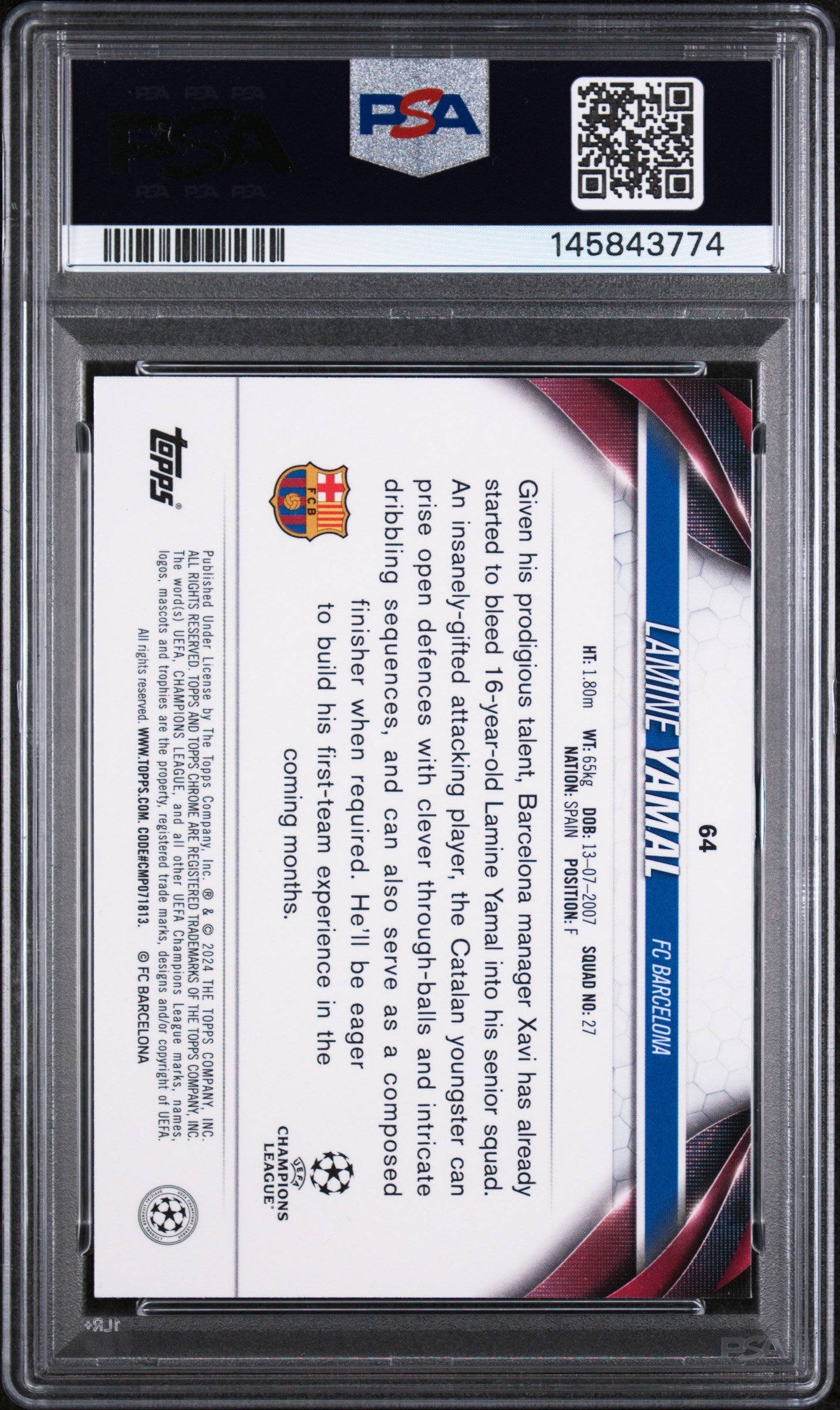 2023-24 Topps Chrome UEFA Club Comp Lamine Yamal Rookie #64 PSA 9 Mint Spain