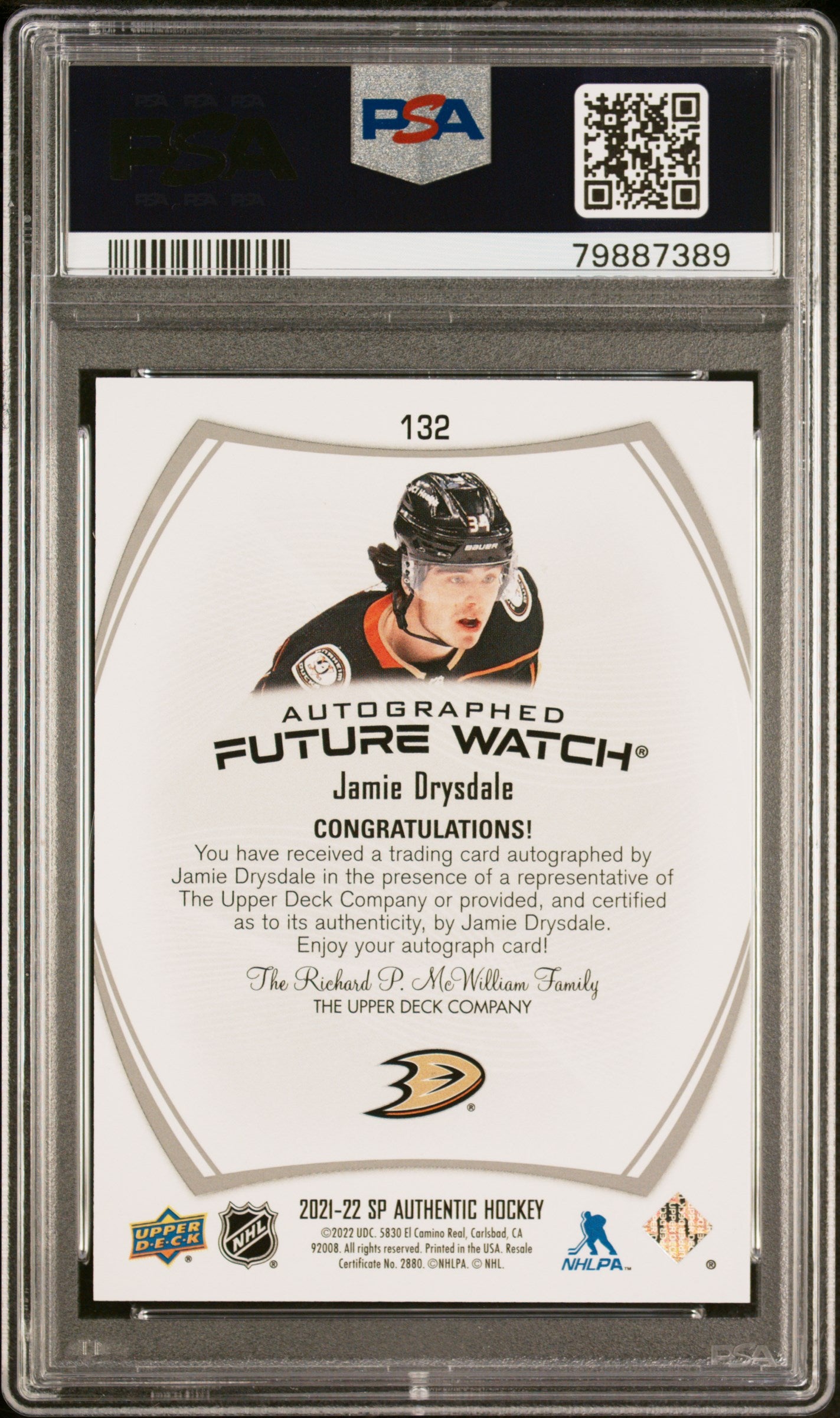 2021 SP Authentic Jamie Drysdale #132 Auto Future Watch Rookie /999 PSA 10 Ducks