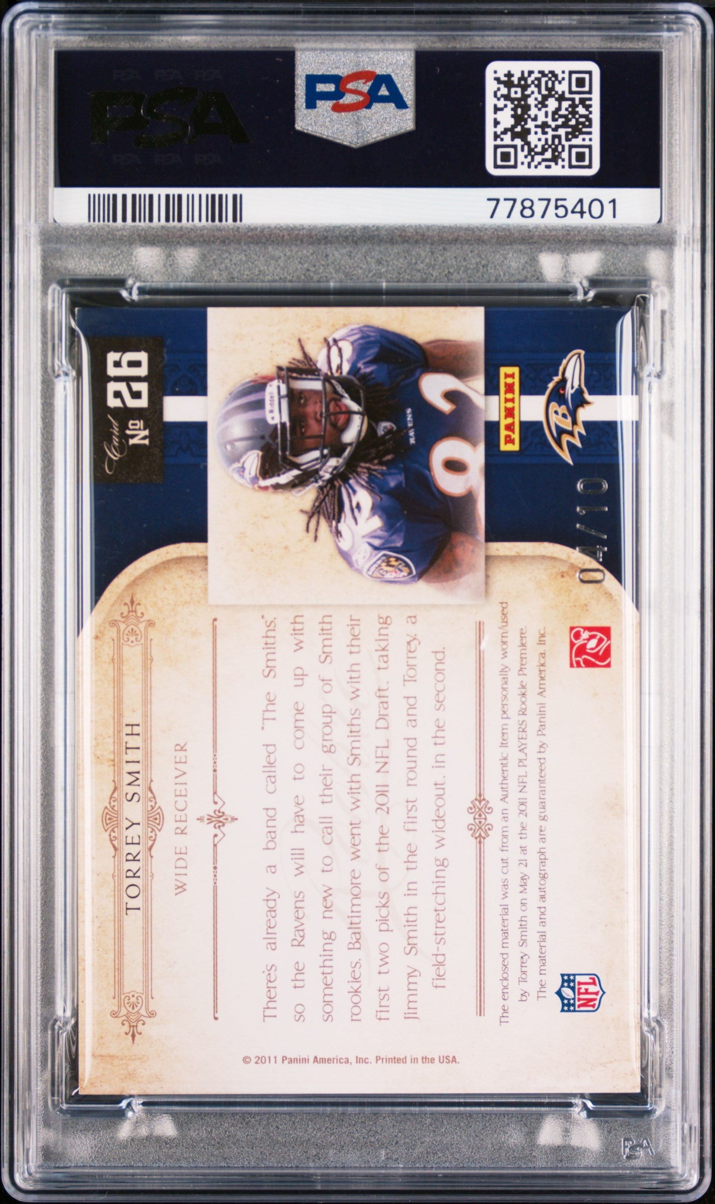 2011 National Treasures Rookie Brand Logo Patch Auto Torrey Smith /10 PSA 8